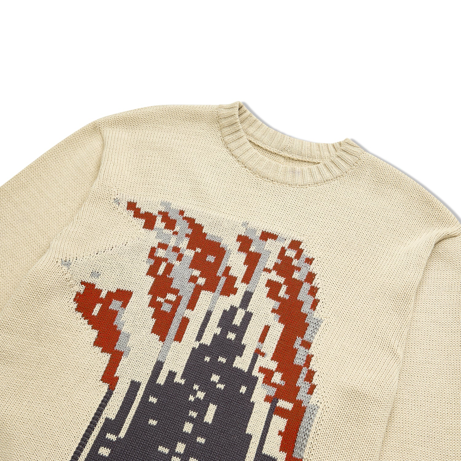 Suéter jacquard off-white de gola redonda com gráfico pixel vermelho e preto