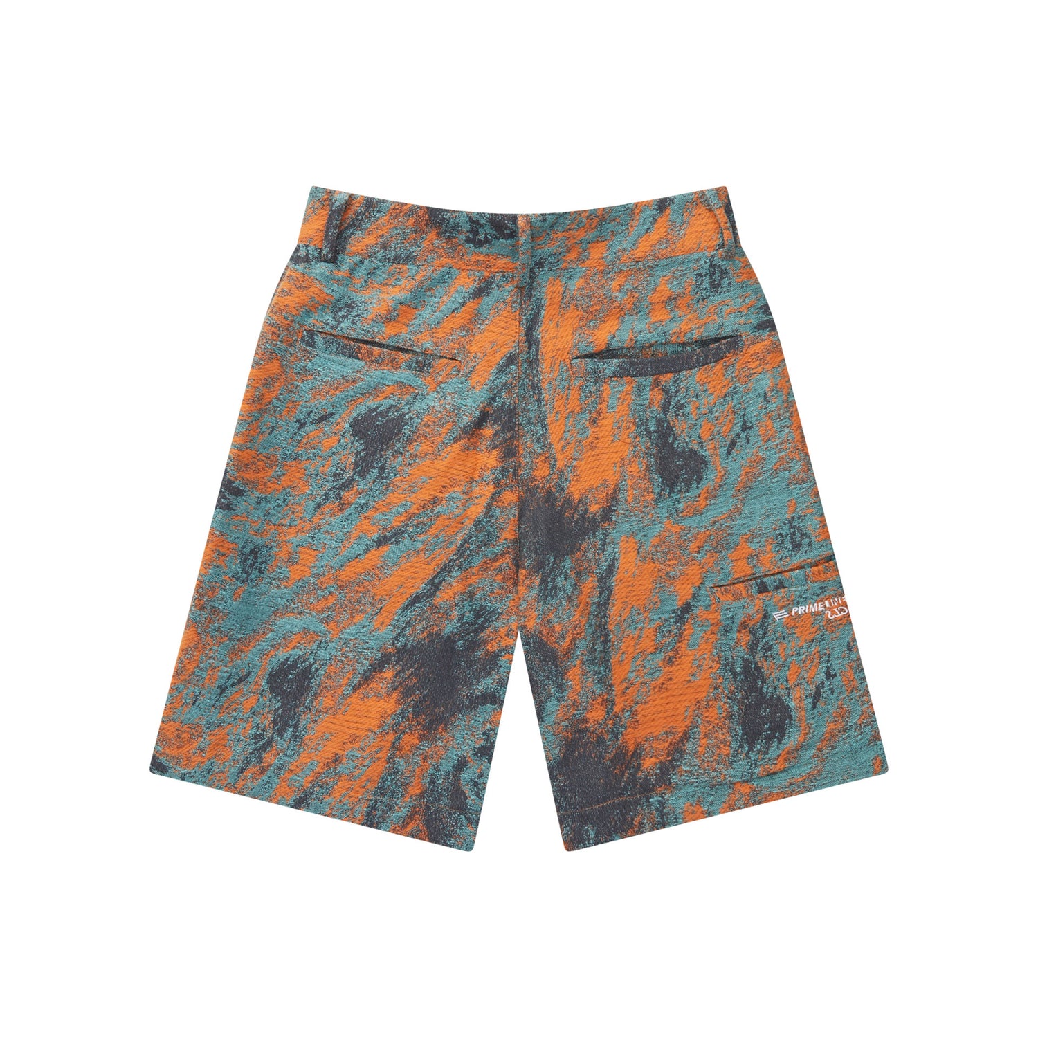 Bermuda laranja e azul estampada, cintura com passantes e fechamento frontal.