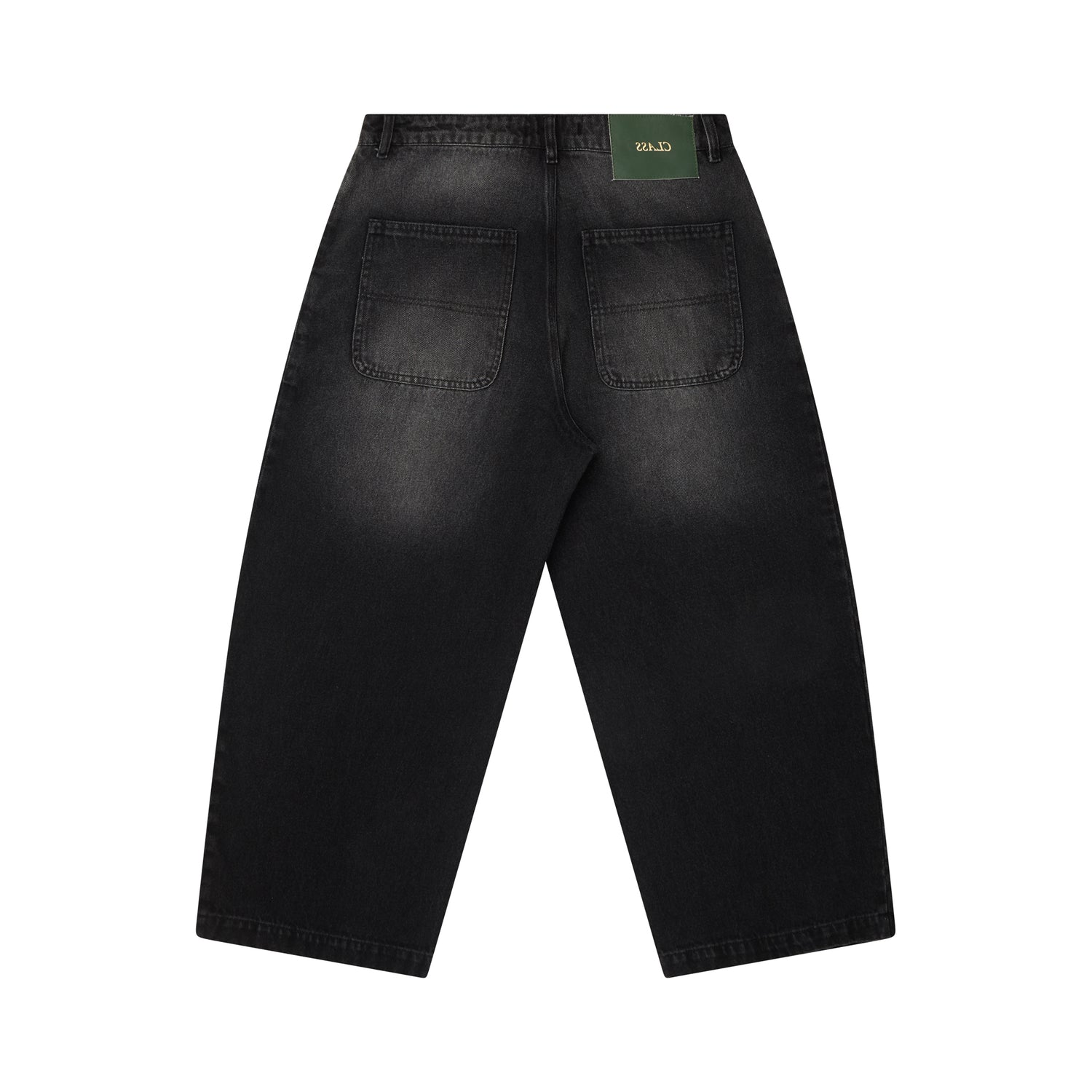 Calça jeans baggy preta com bolsos frontais e fechamento por botão no cós.