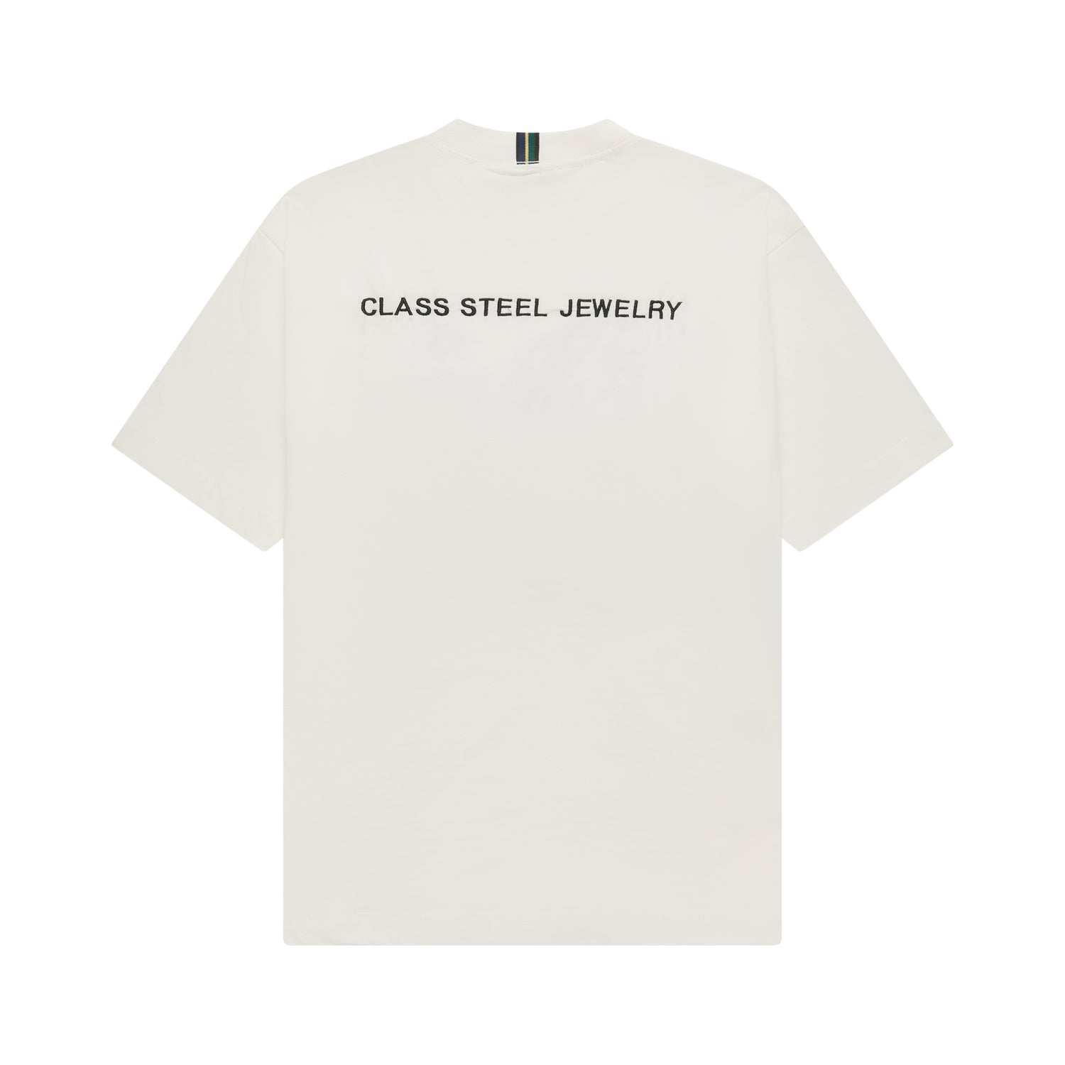 Camiseta off-white manga curta com estampa 'CLASS STEEL JEWELRY' nas costas.