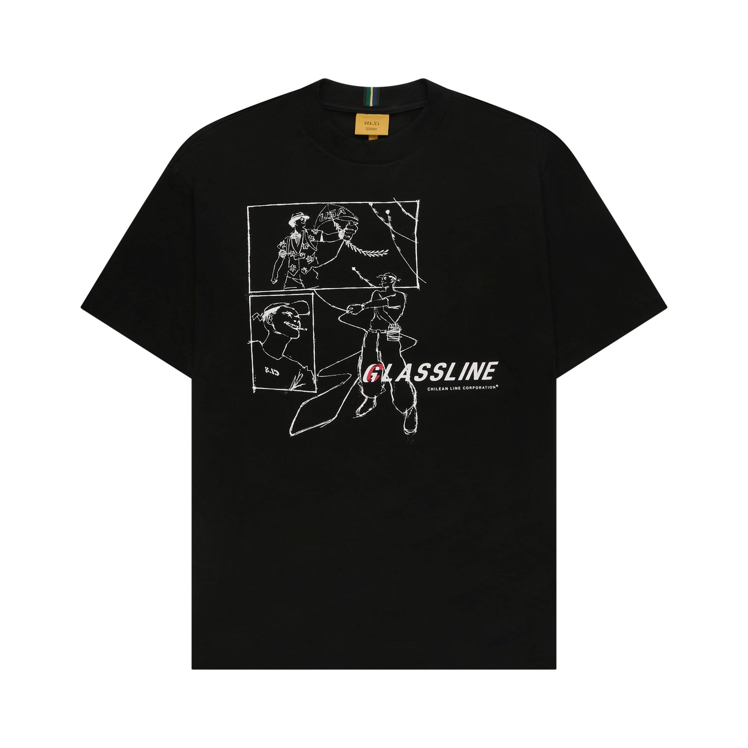 Camiseta preta com estampa na frente e lettering GLASSLINE em destaque, estilo gráfico.