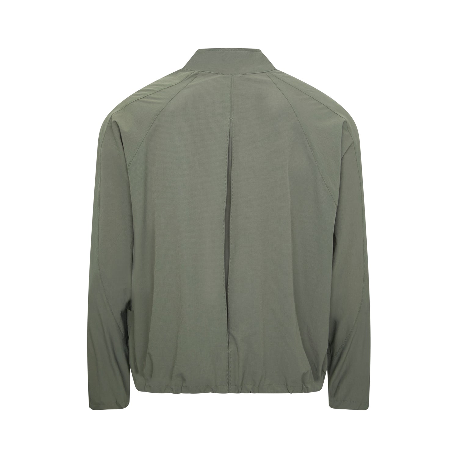Jaqueta esportiva verde-oliva com vista traseira e costuras verticais