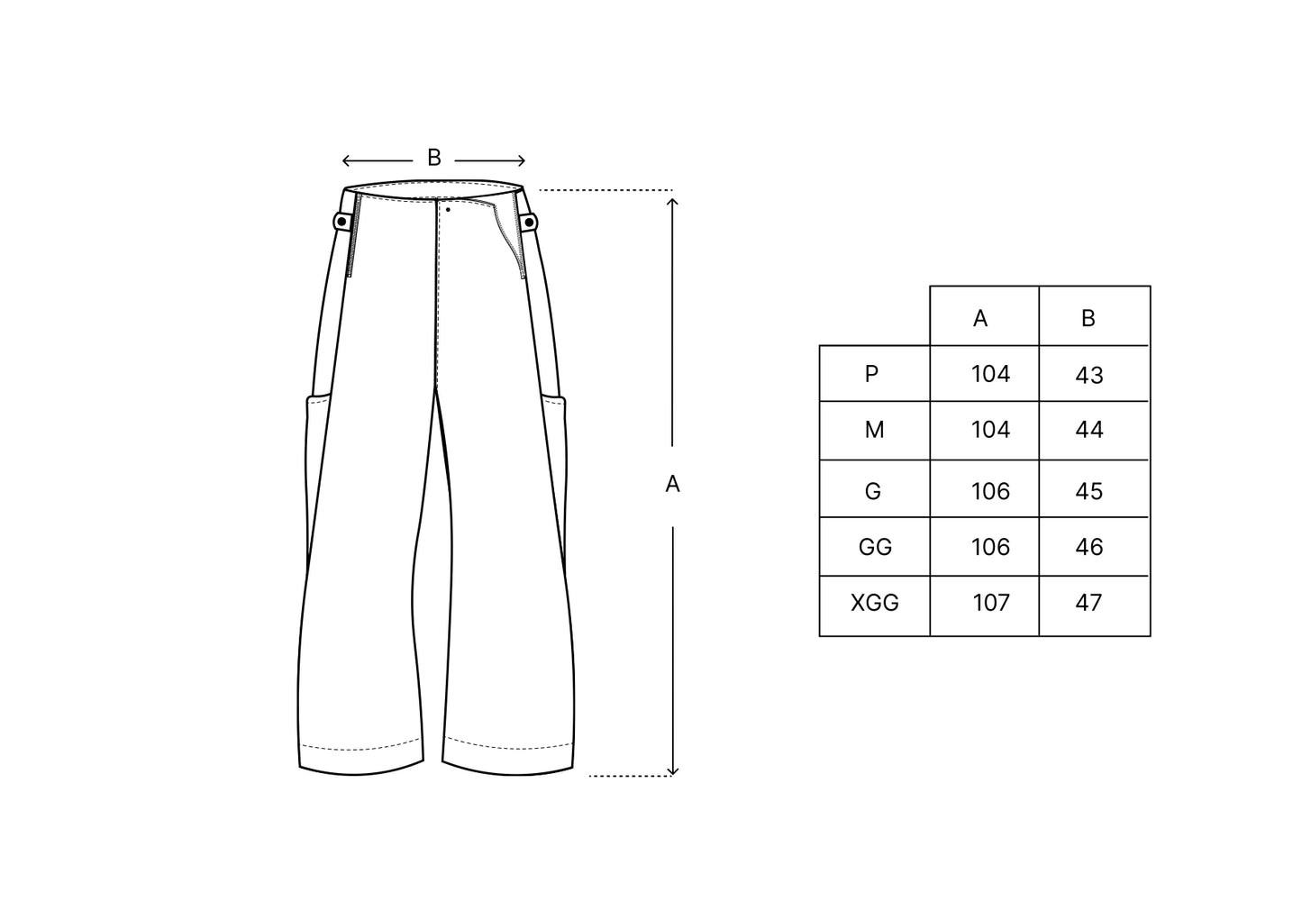 Tabela de medidas da calça: A (comprimento) e B (largura) por tamanho P a GG