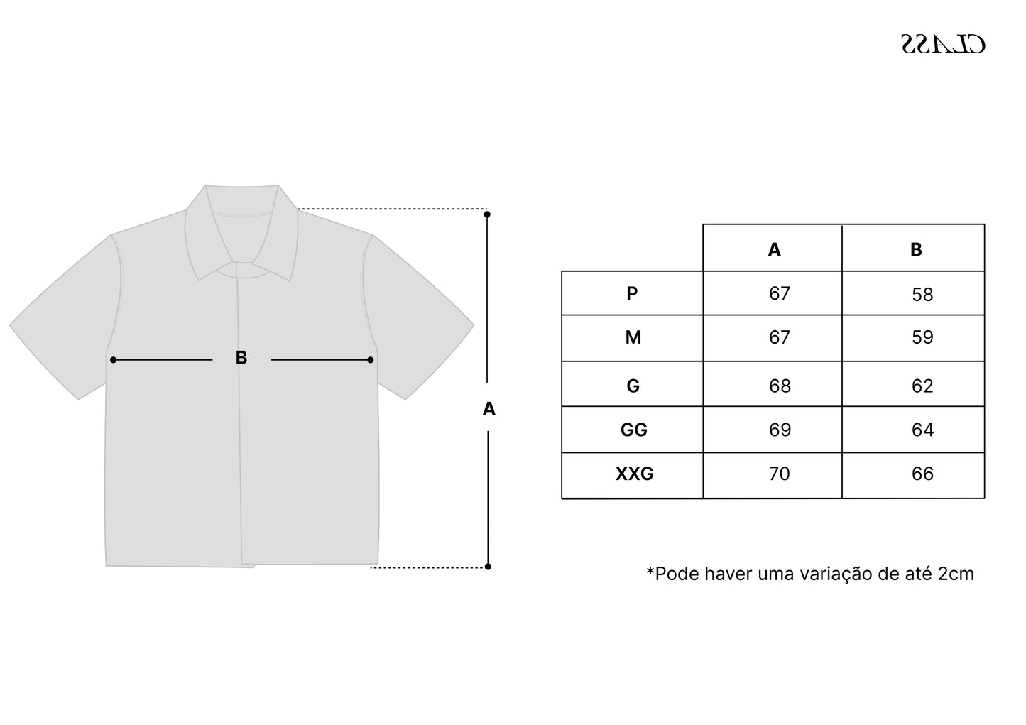Tabela de medidas de camisa, com alturas A e larguras B para tamanhos P a 3GG