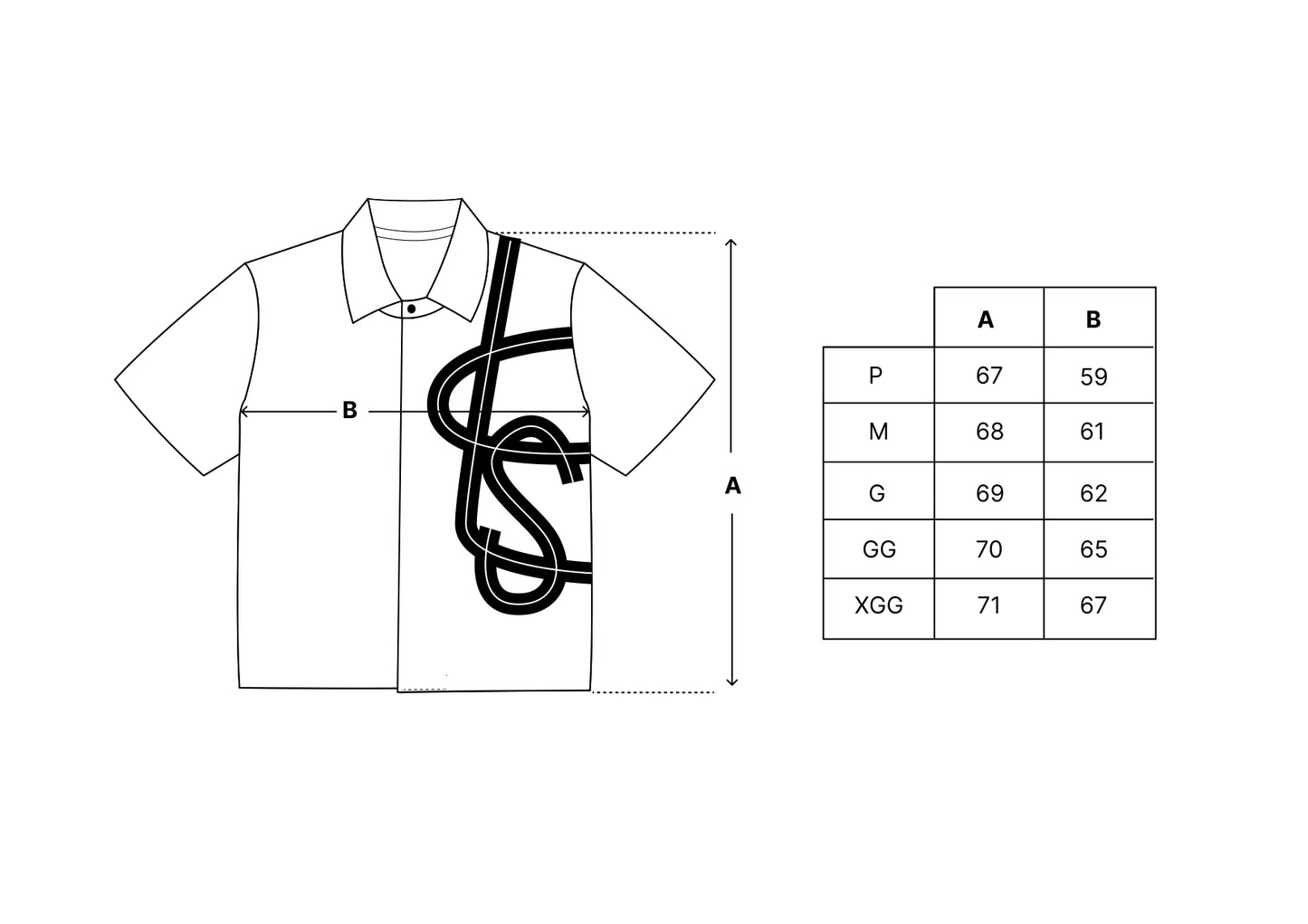 Camisa branca com estampa preta; diagrama e tabela de medidas por tamanho.
