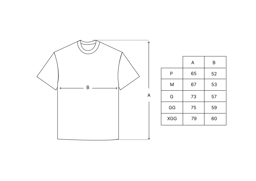 Camiseta branca com medidas A e B e tabela de tamanhos P a XGG
