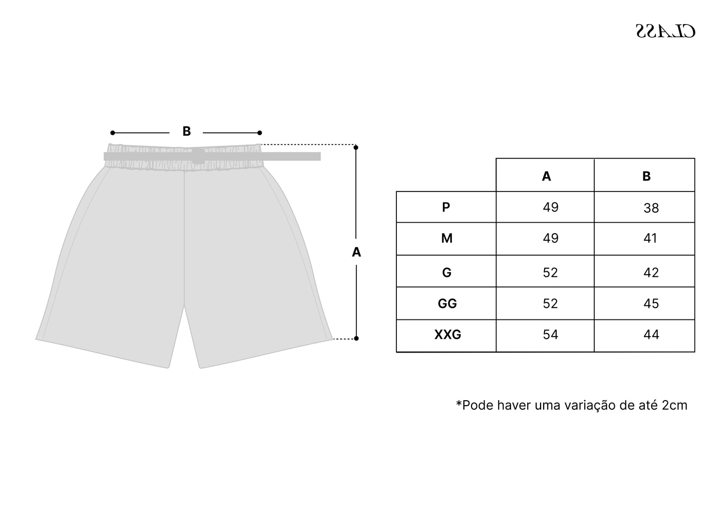 Tabela de medidas do shorts: dimensões A e B por tamanho P, M, G, GG, XXG.