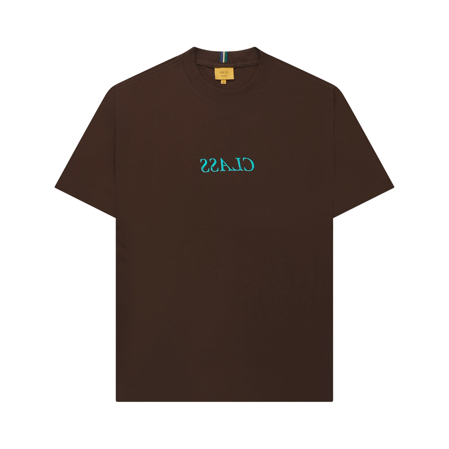Camiseta marrom com estampa azul-esverdeada no peito