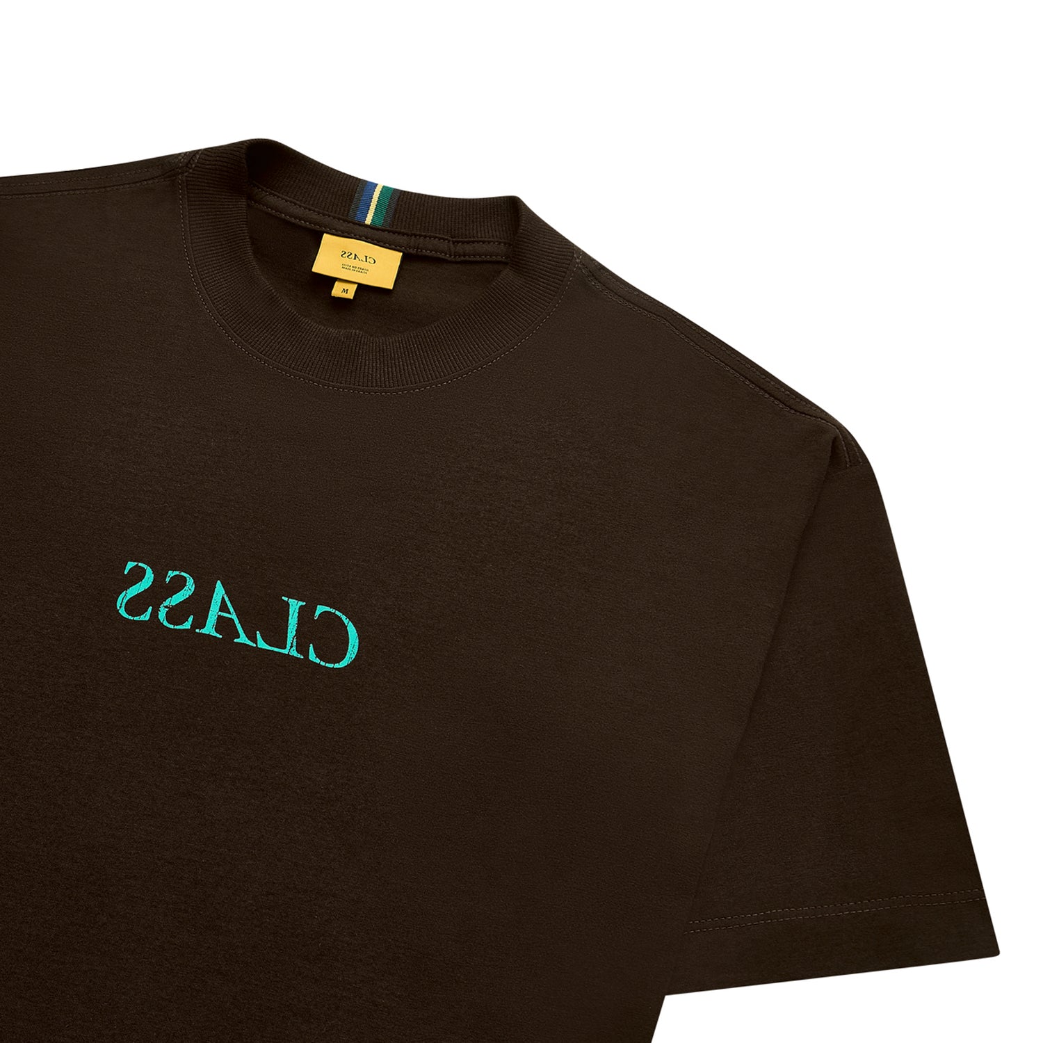 Camiseta marrom de gola careca com estampa azul-esverdeada em destaque