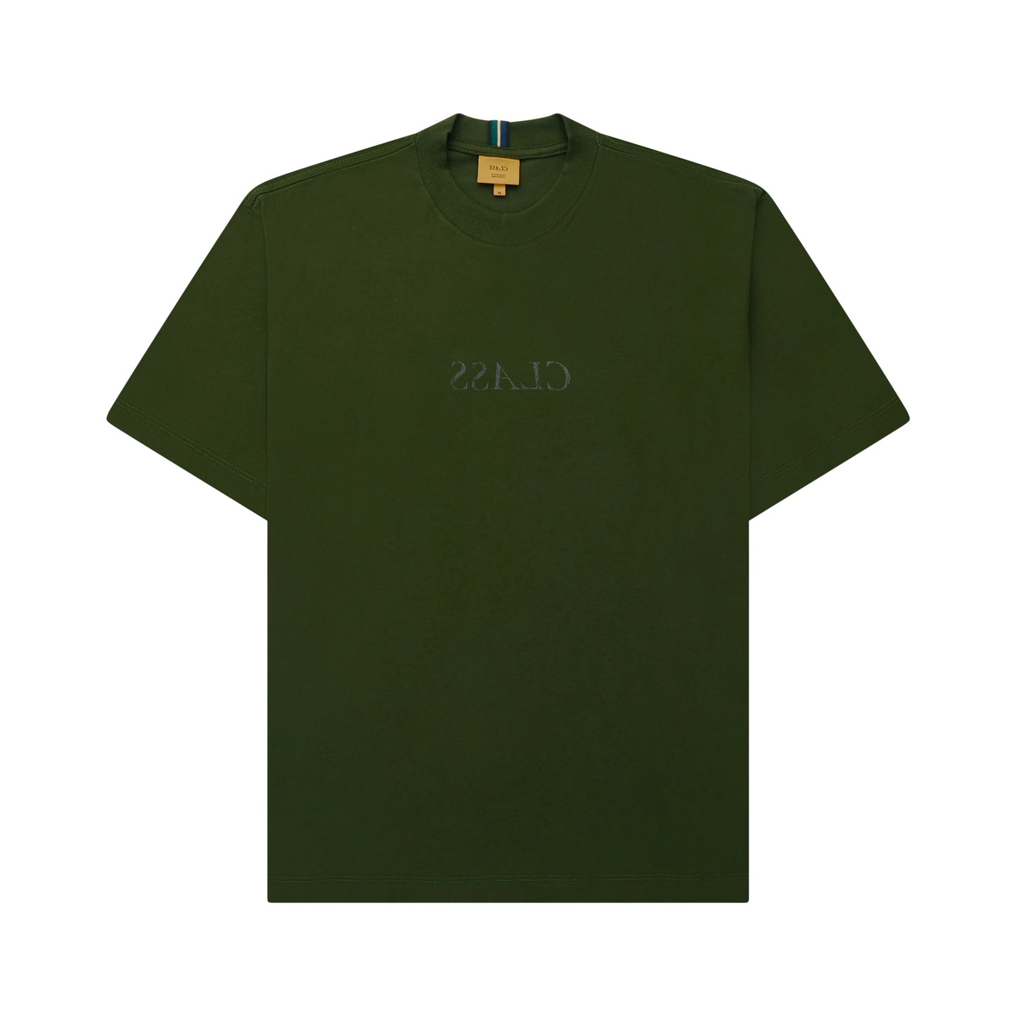 Camiseta verde escura com gola redonda e estampa discreta no centro