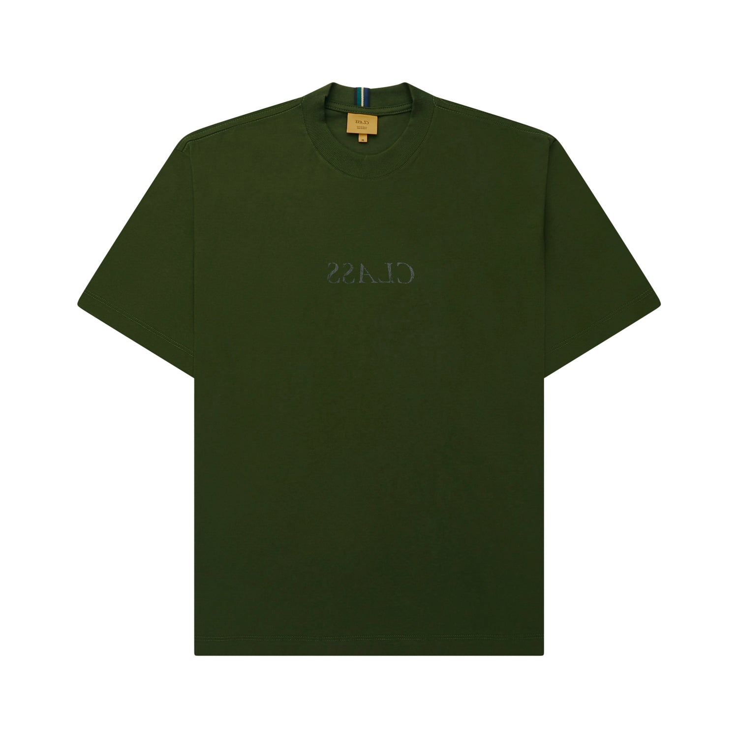 Camiseta verde escura com gola redonda e estampa discreta no centro