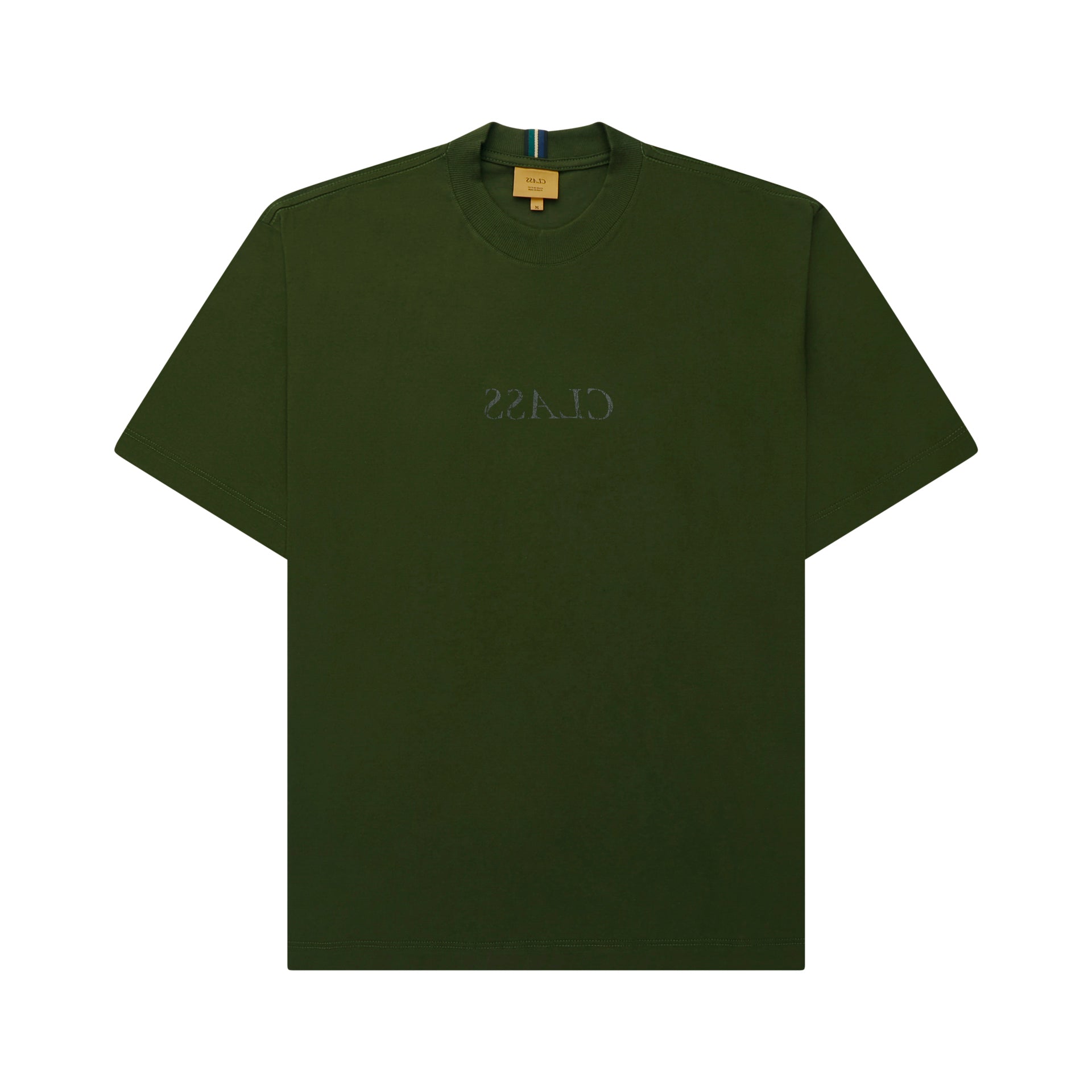 Camiseta verde escura com gola redonda e estampa discreta no centro