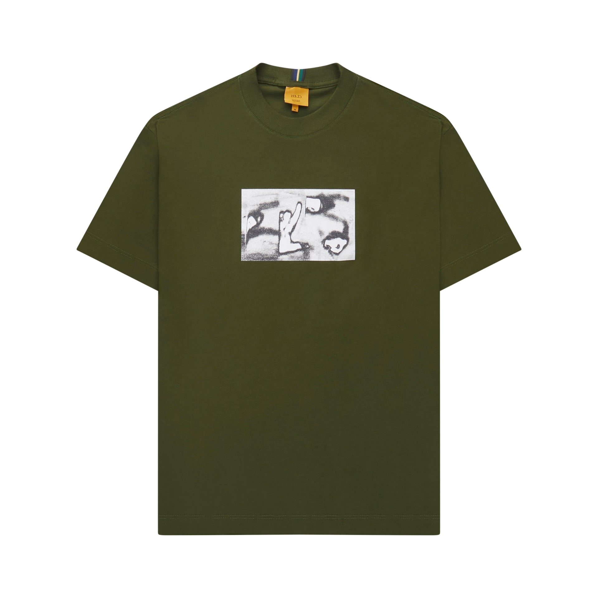 Camiseta verde de manga curta com estampa retangular no centro do peito