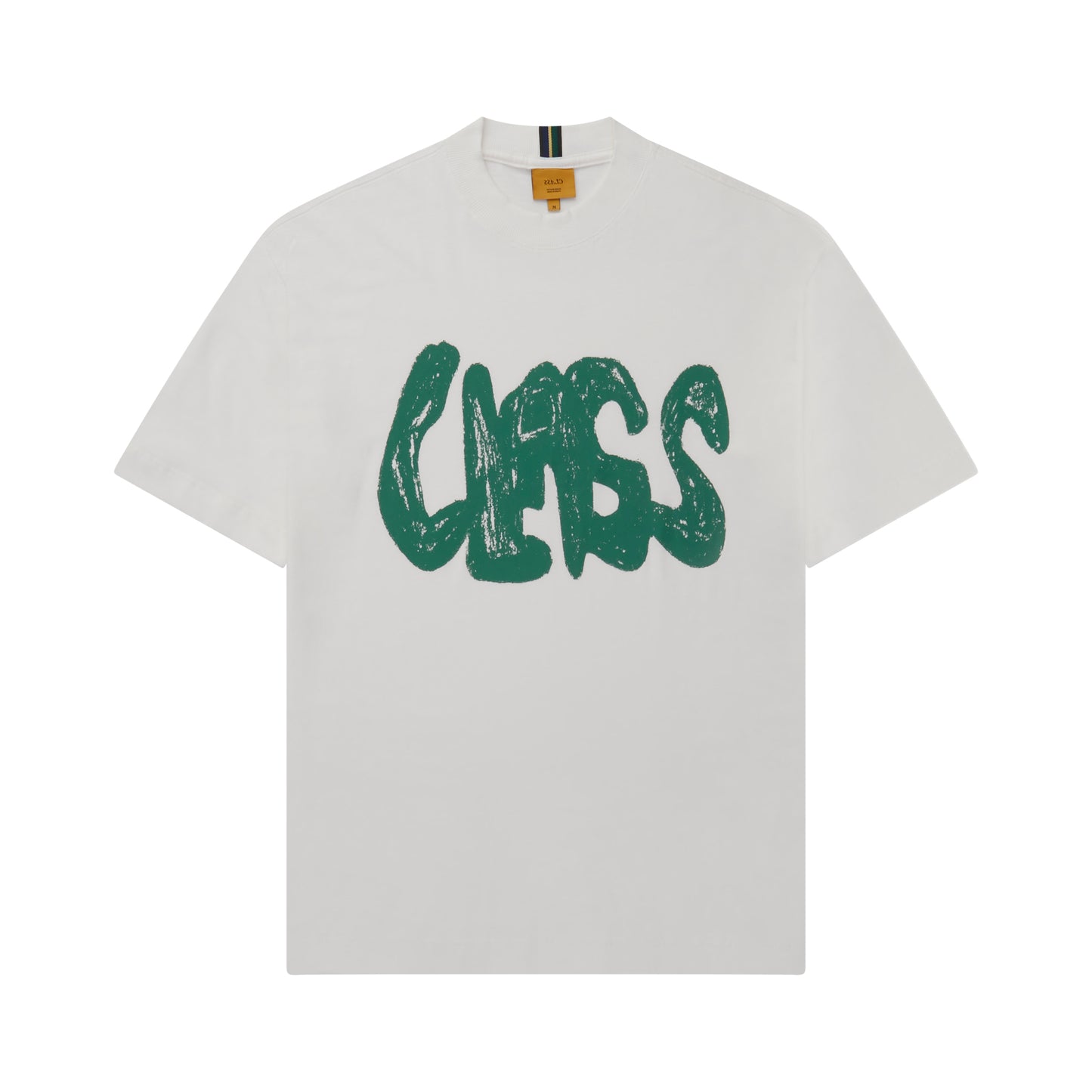 Camiseta off-white com estampa frontal verde estilizada e gola careca