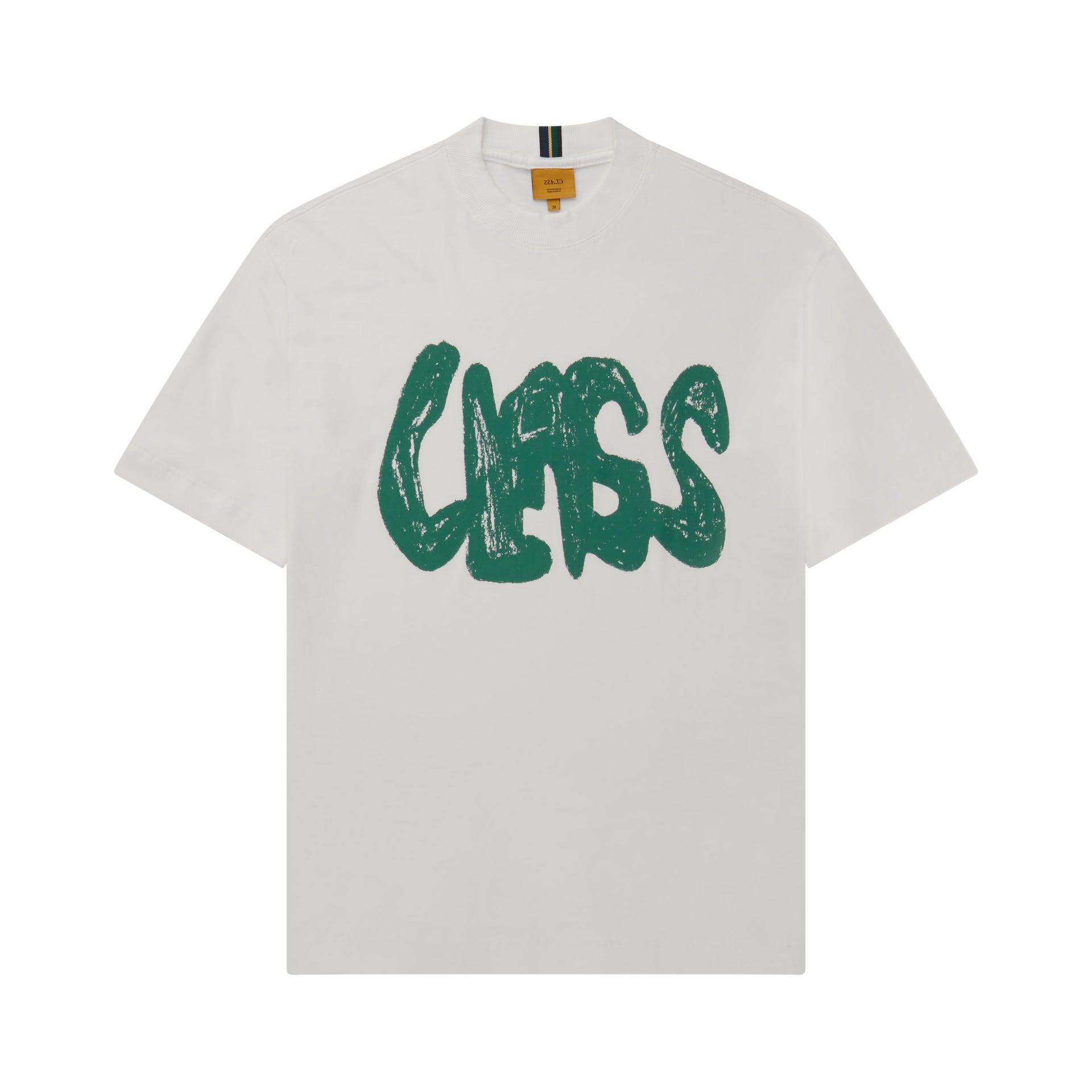 Camiseta off-white com estampa frontal verde estilizada e gola careca