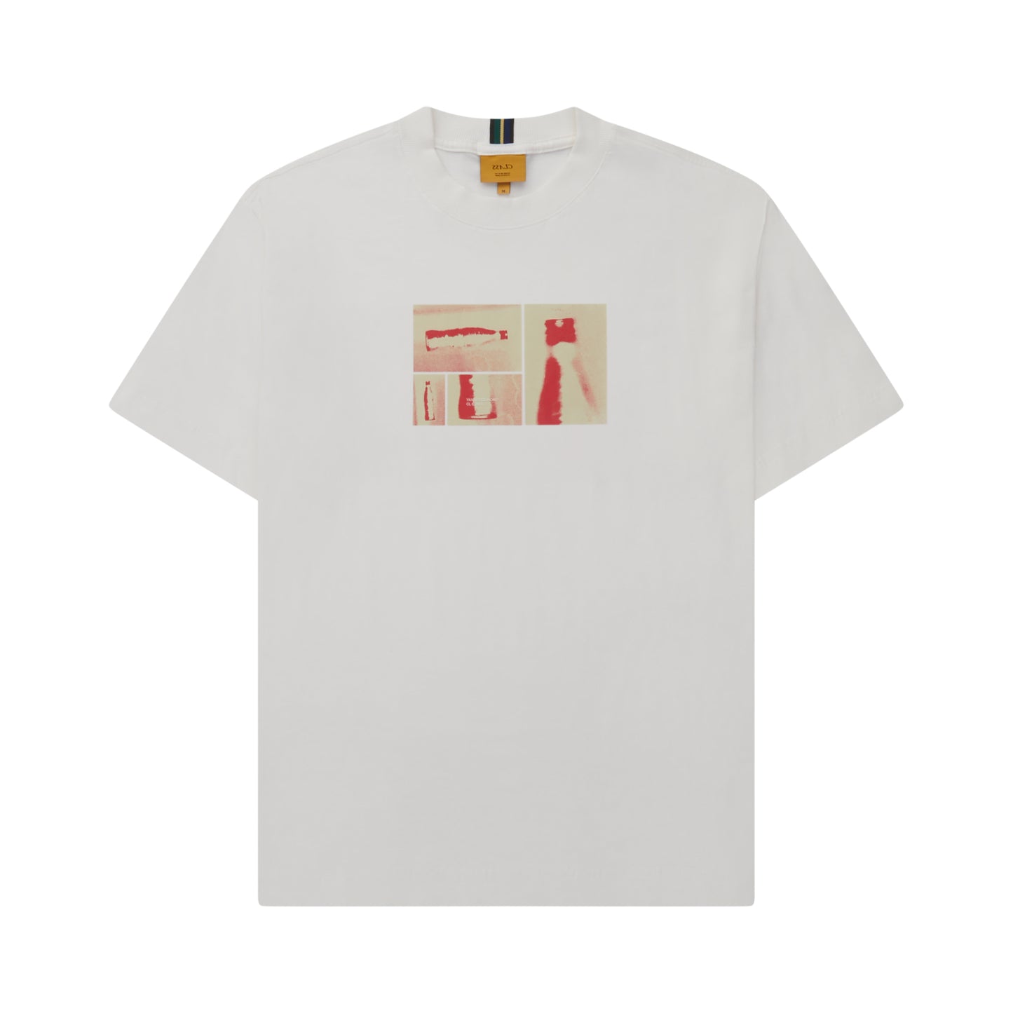 Camiseta off-white com estampa retangular vermelha no peito