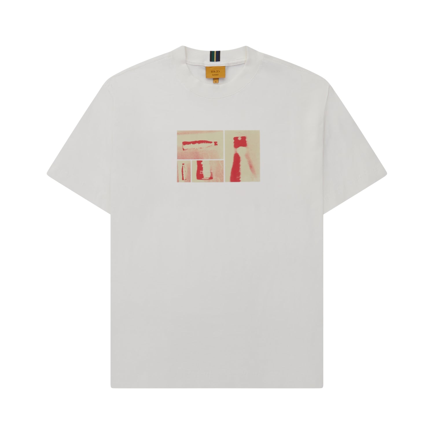 Camiseta off-white com estampa retangular vermelha no peito