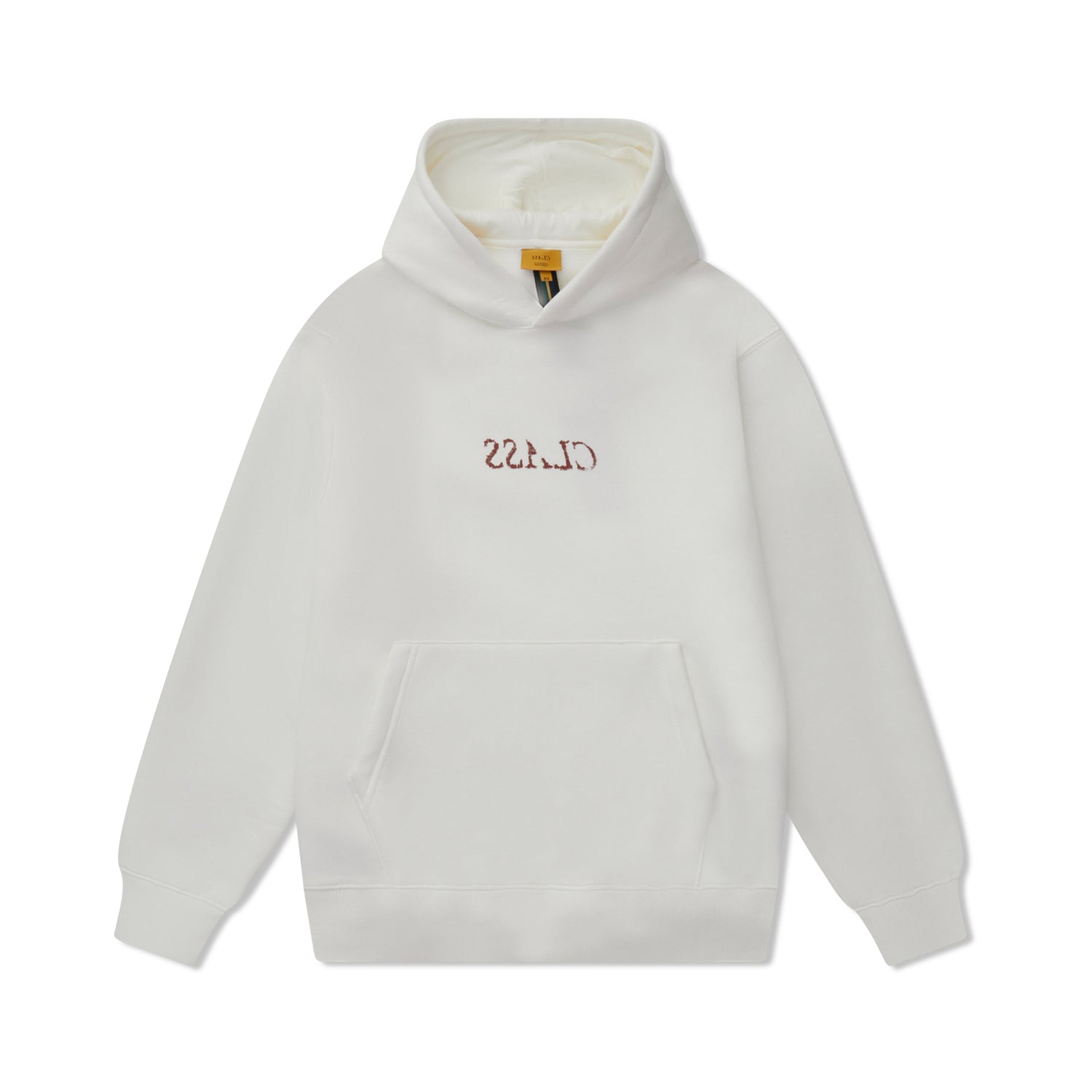 Moletom com capuz off-white, bolso canguru e estampa frontal pequena.