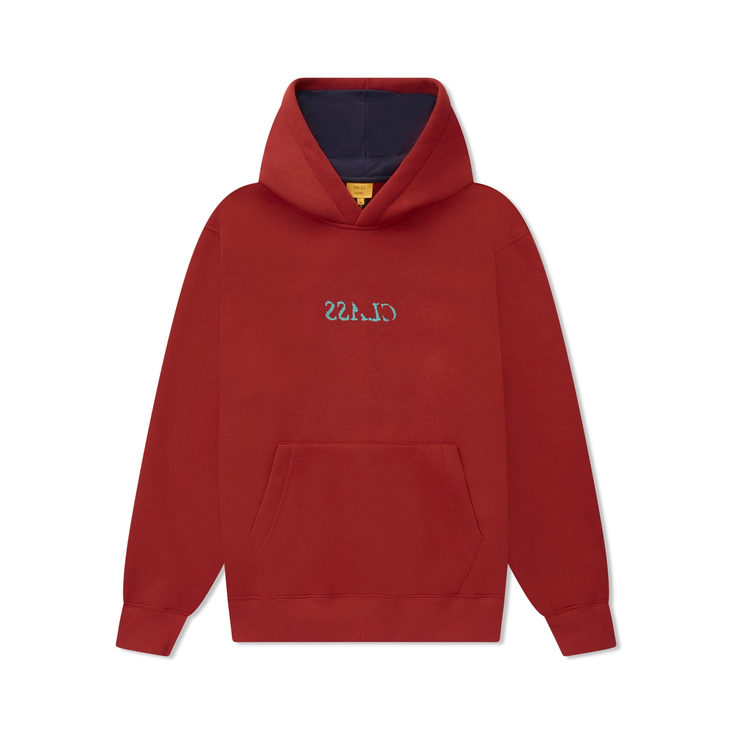 Moletom com capuz vermelho, bolso canguru e logo bordado azul no peito