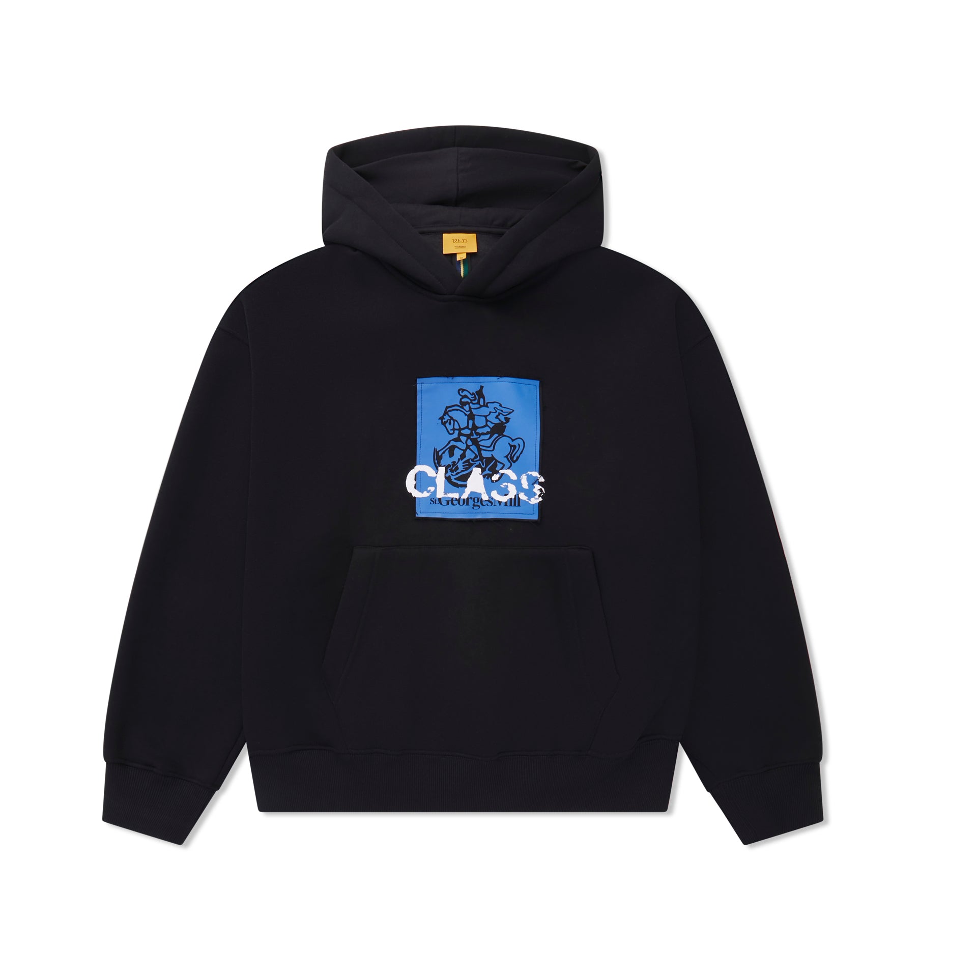 Moletom preto com capuz e bolso canguru, estampa azul 'CLASS' no peito