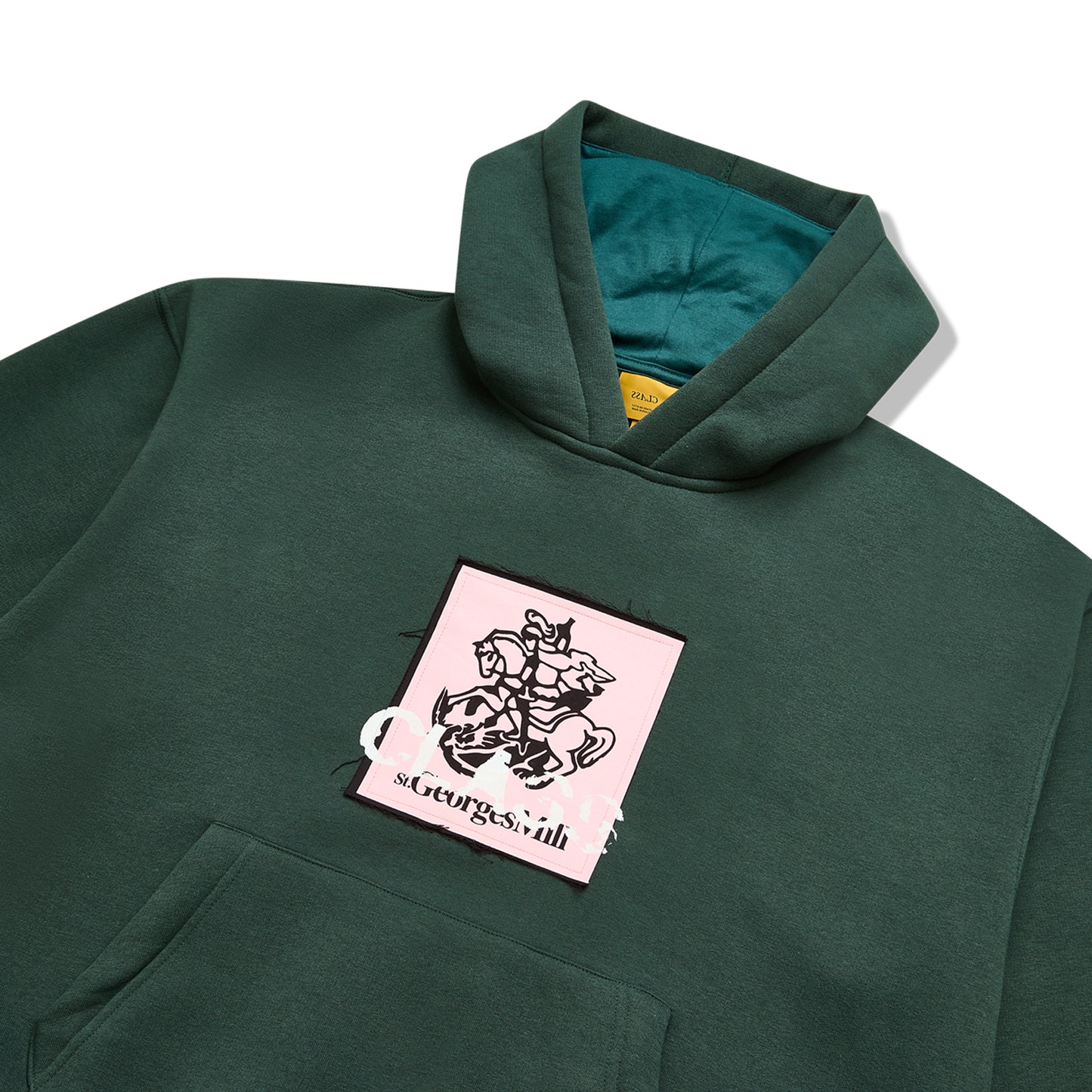 Moletom verde escuro com capuz, estampa quadrada rosa no peito