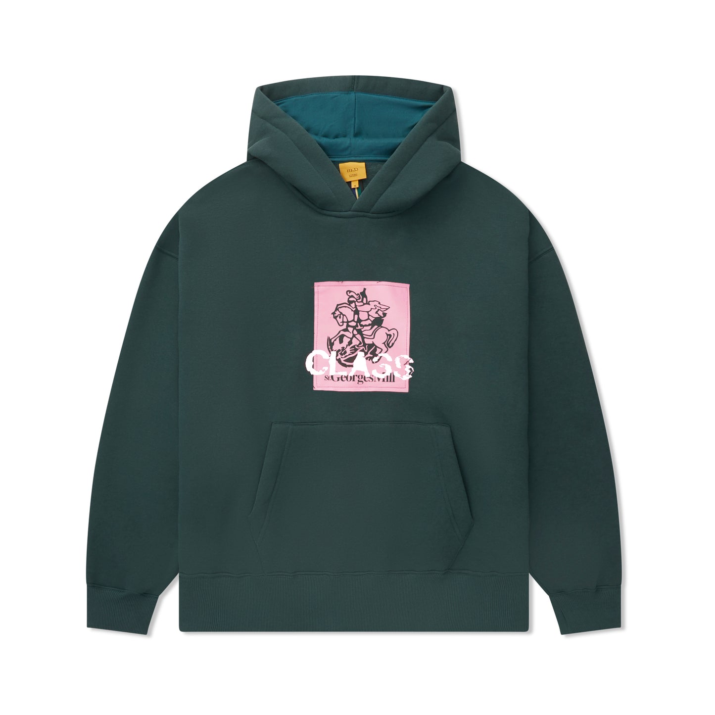 Moletom com capuz e bolso canguru verde escuro, com estampa central rosa