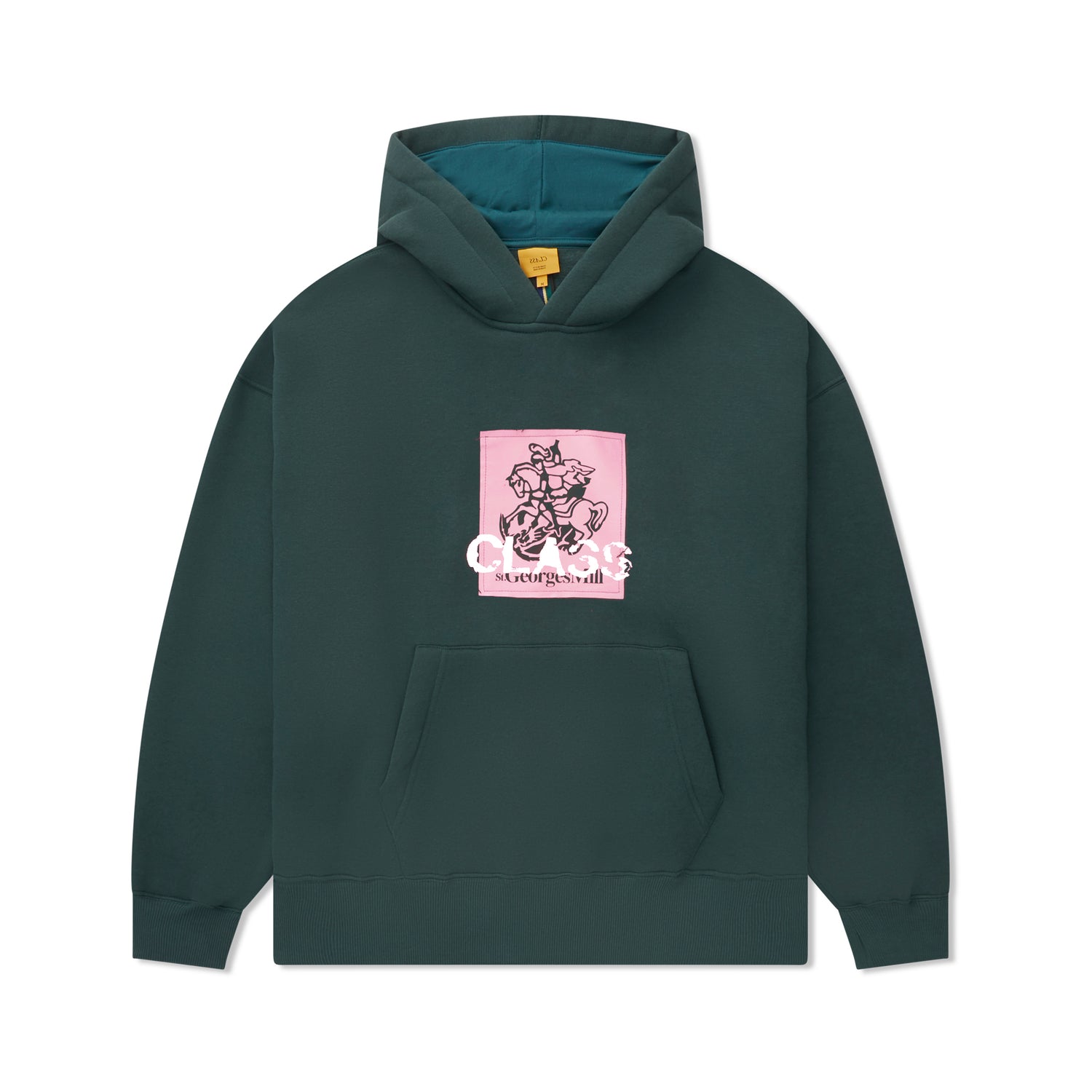 Moletom com capuz e bolso canguru verde escuro, com estampa central rosa