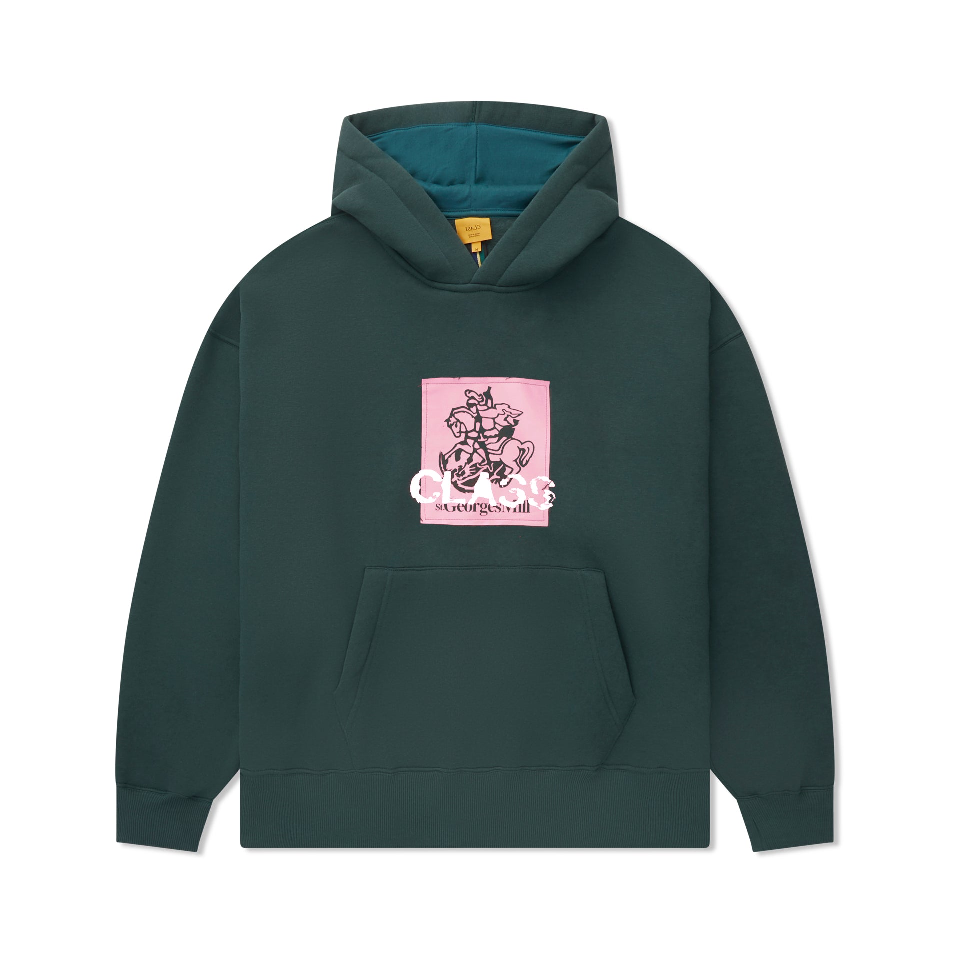 Moletom com capuz e bolso canguru verde escuro, com estampa central rosa
