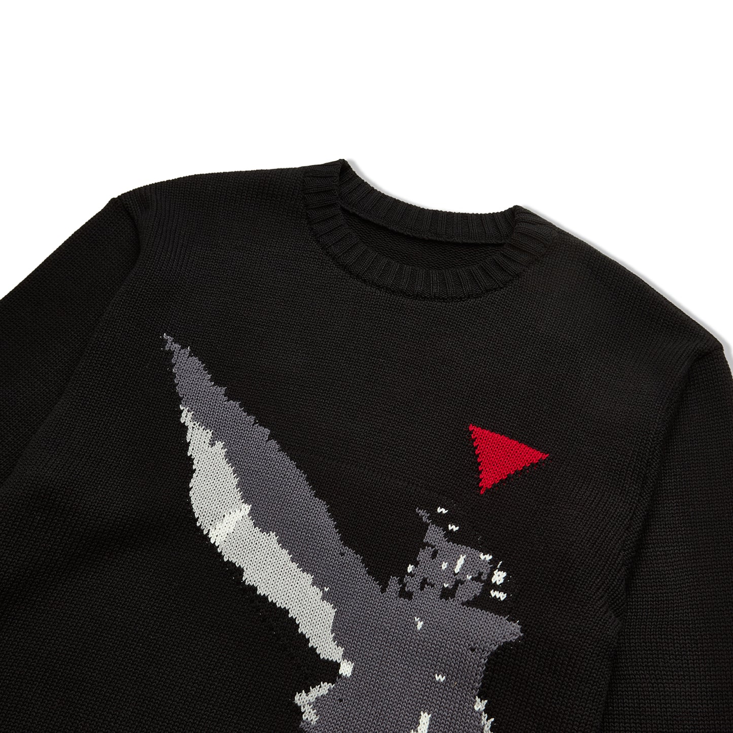 Suéter preto de jacquard com gola canelada e estampa pixelizada do personagem