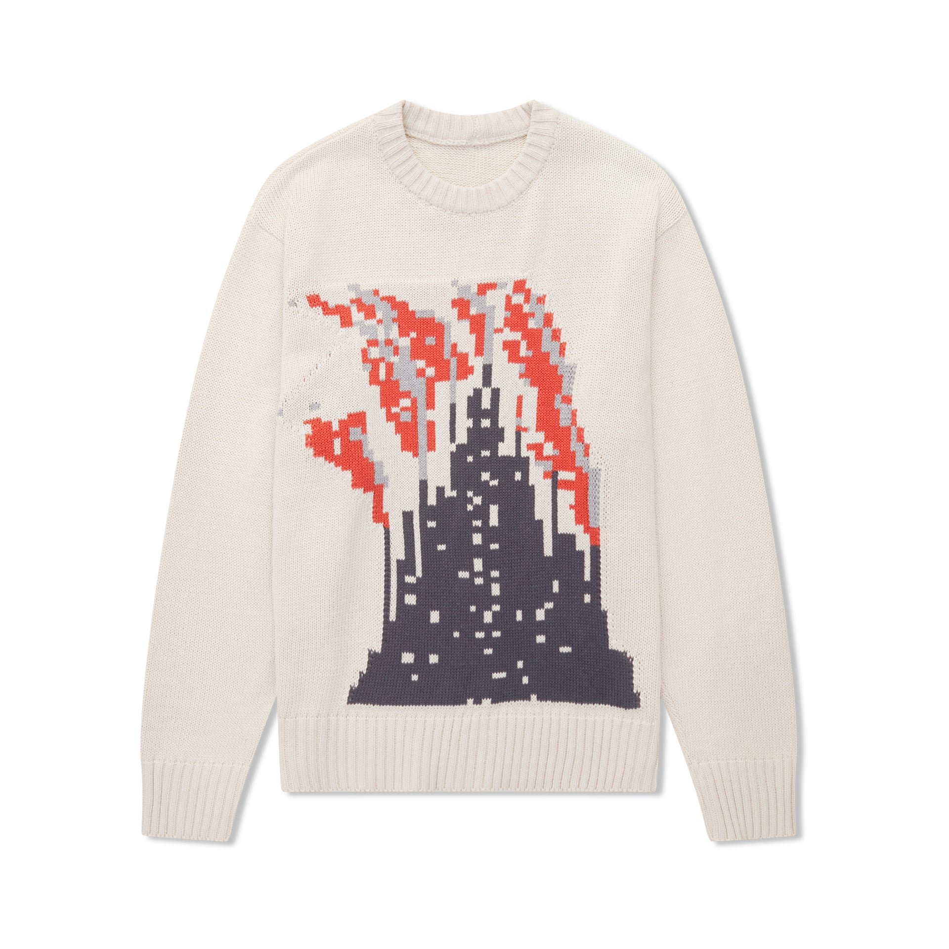 Suéter jacquard off-white gola redonda com desenho pixel em preto, vermelho e cinza
