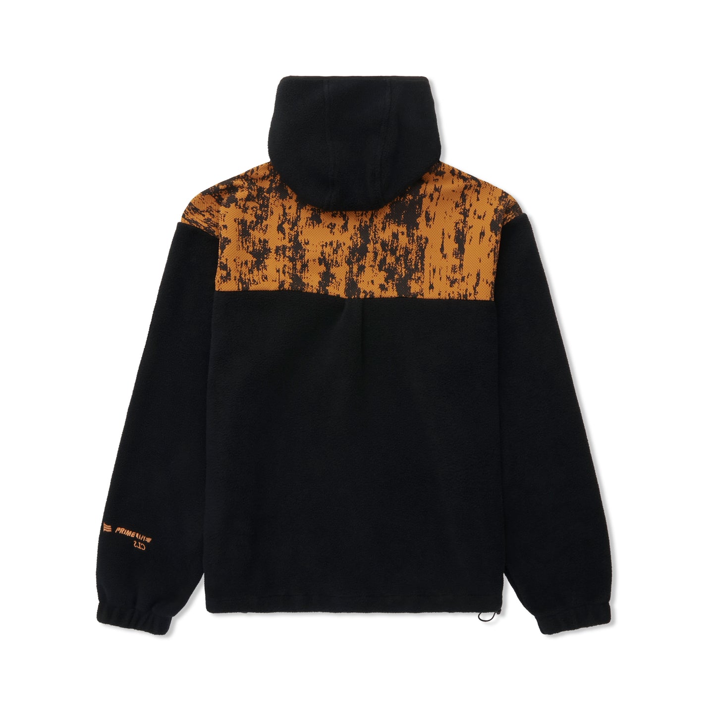 Jaqueta de fleece preta com capuz e painéis laranja salpicados, bolso canguru