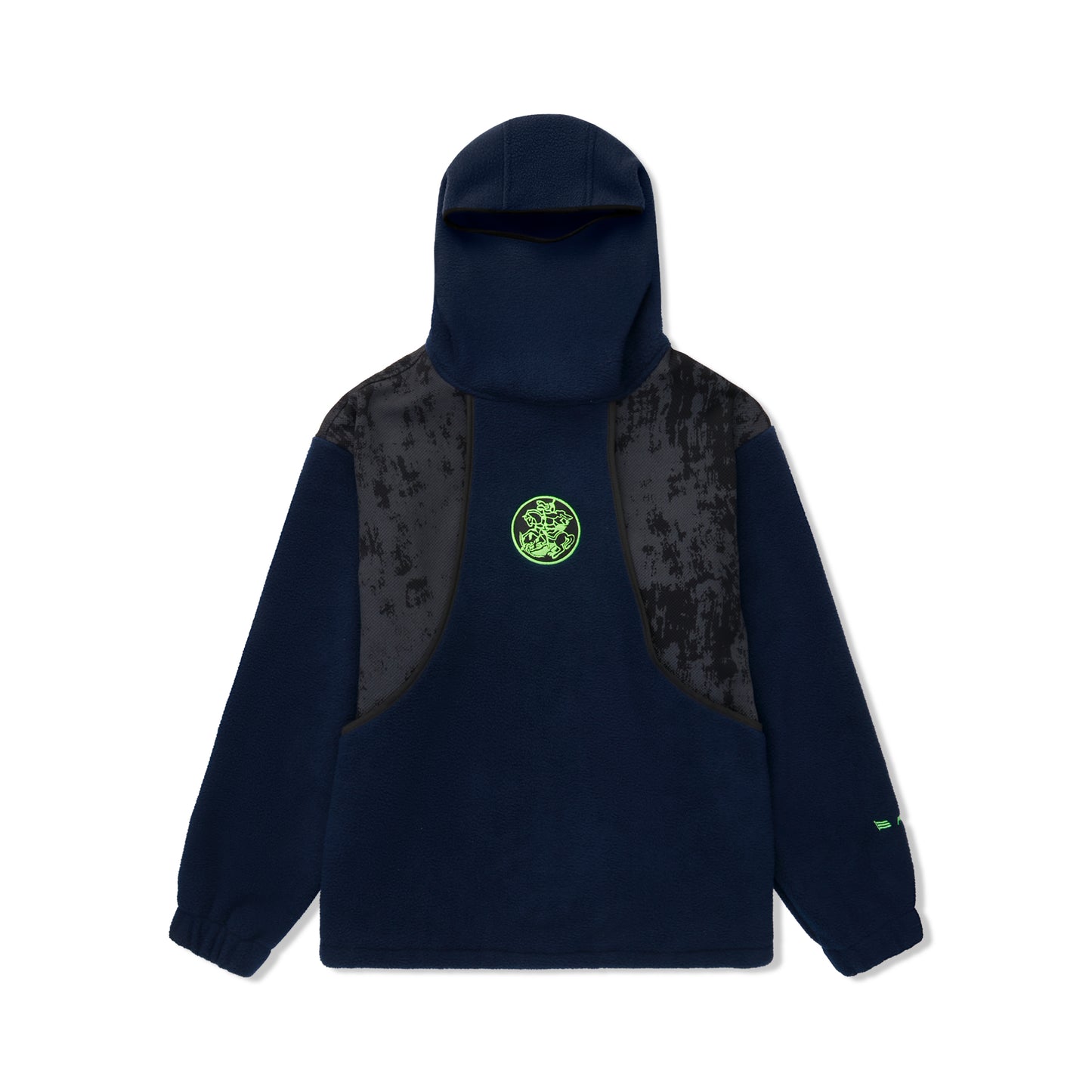 Jaqueta fleece azul-marinho com capuz, recortes escuros e emblema verde