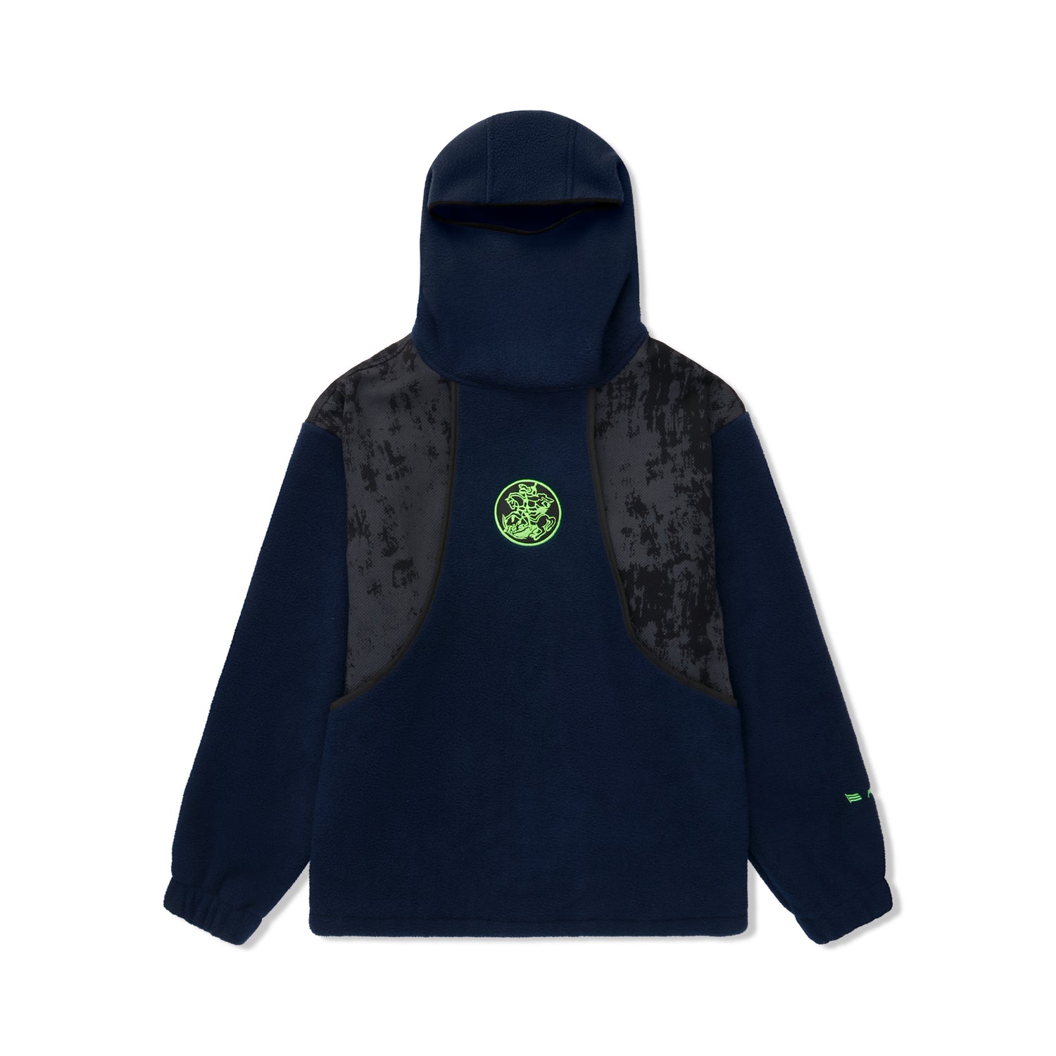 Jaqueta fleece azul-marinho com capuz, recortes escuros e emblema verde