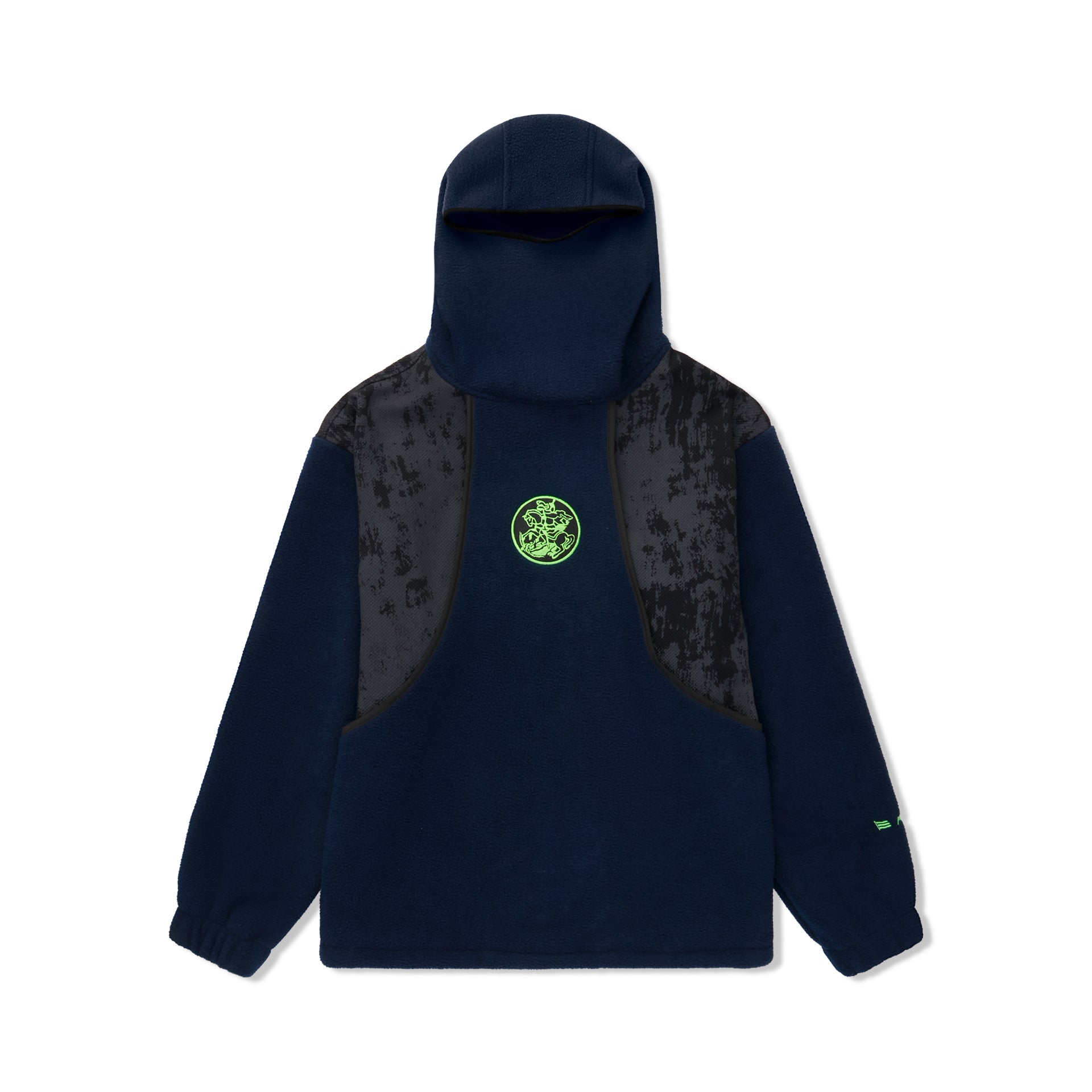 Jaqueta fleece azul-marinho com capuz, recortes escuros e emblema verde