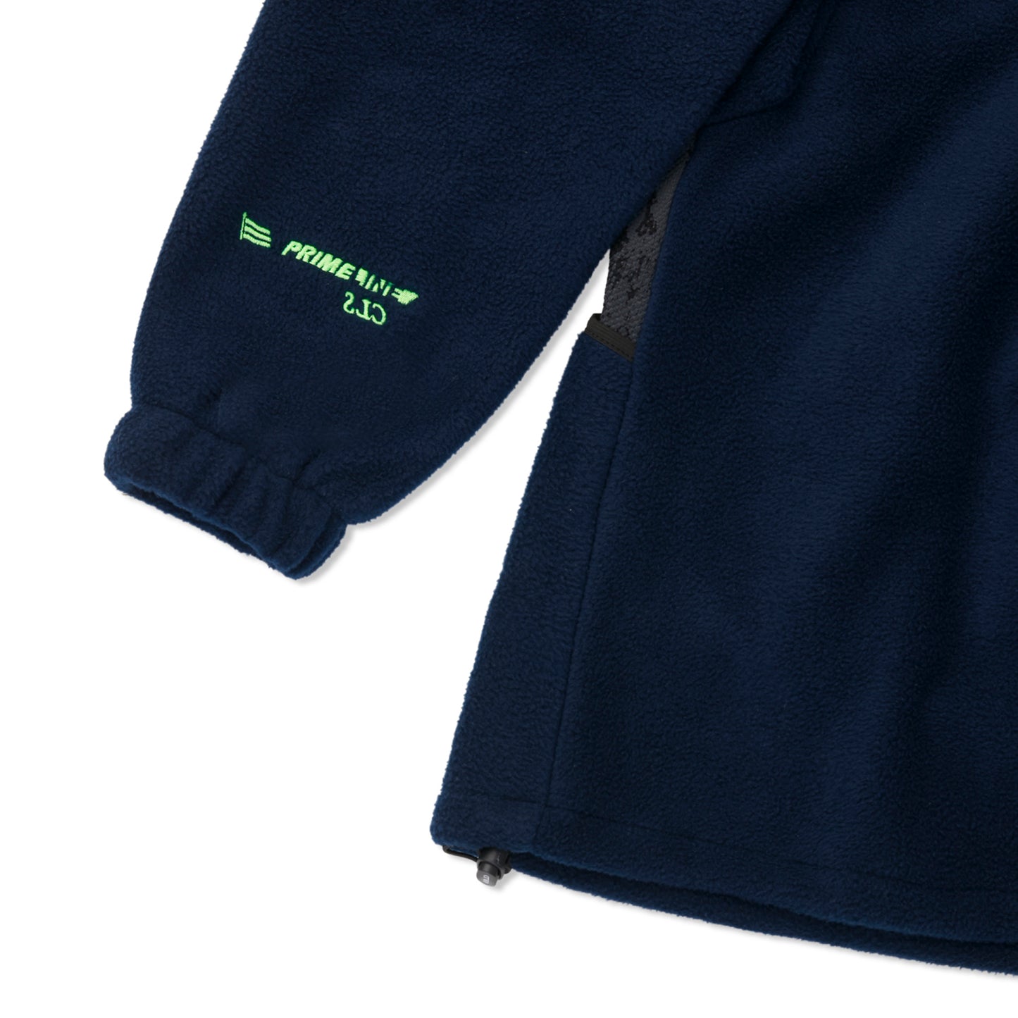 Manga de jaqueta fleece azul-marinho com logo verde e punho elástico
