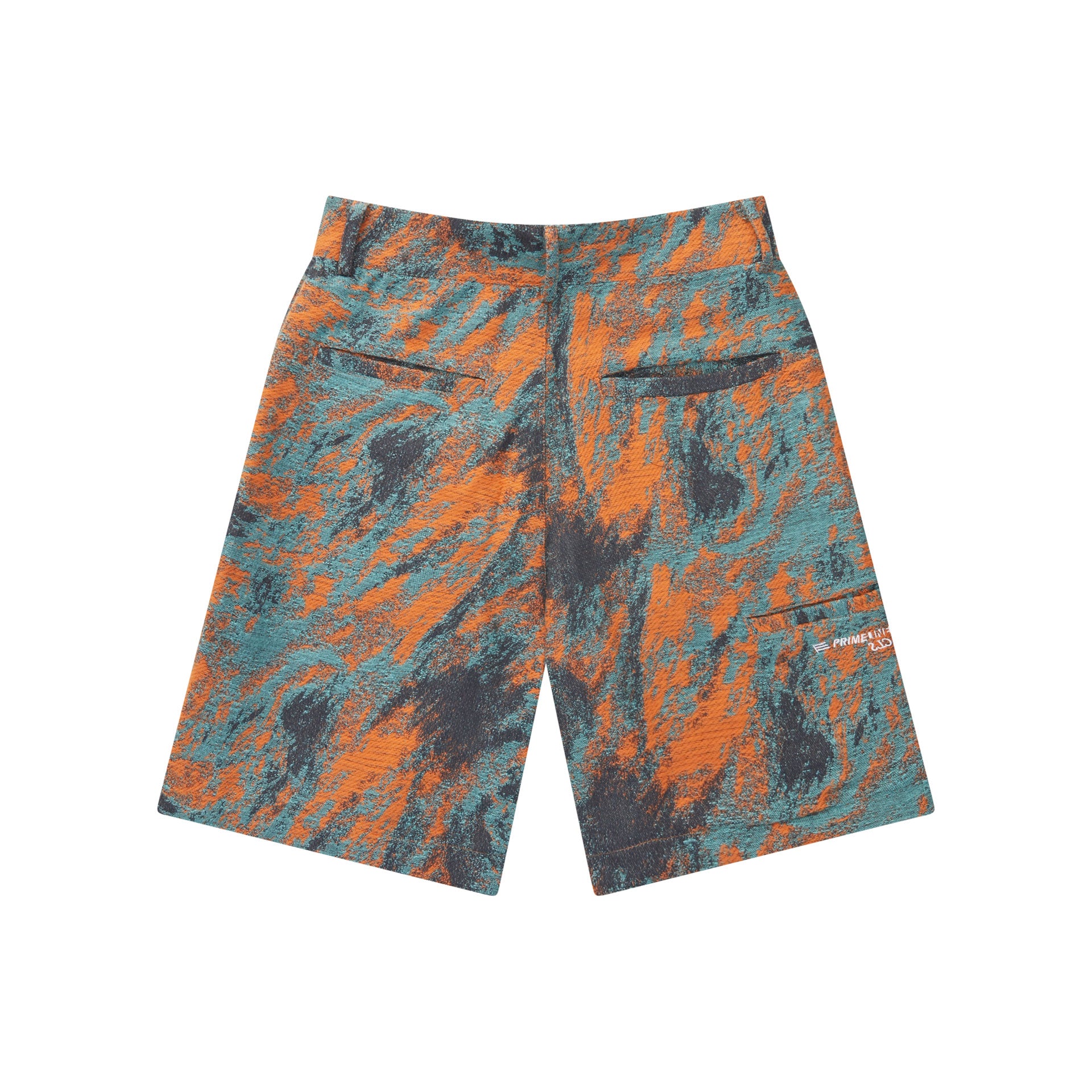 Bermuda laranja e azul estampada, cintura com passantes e fechamento frontal.