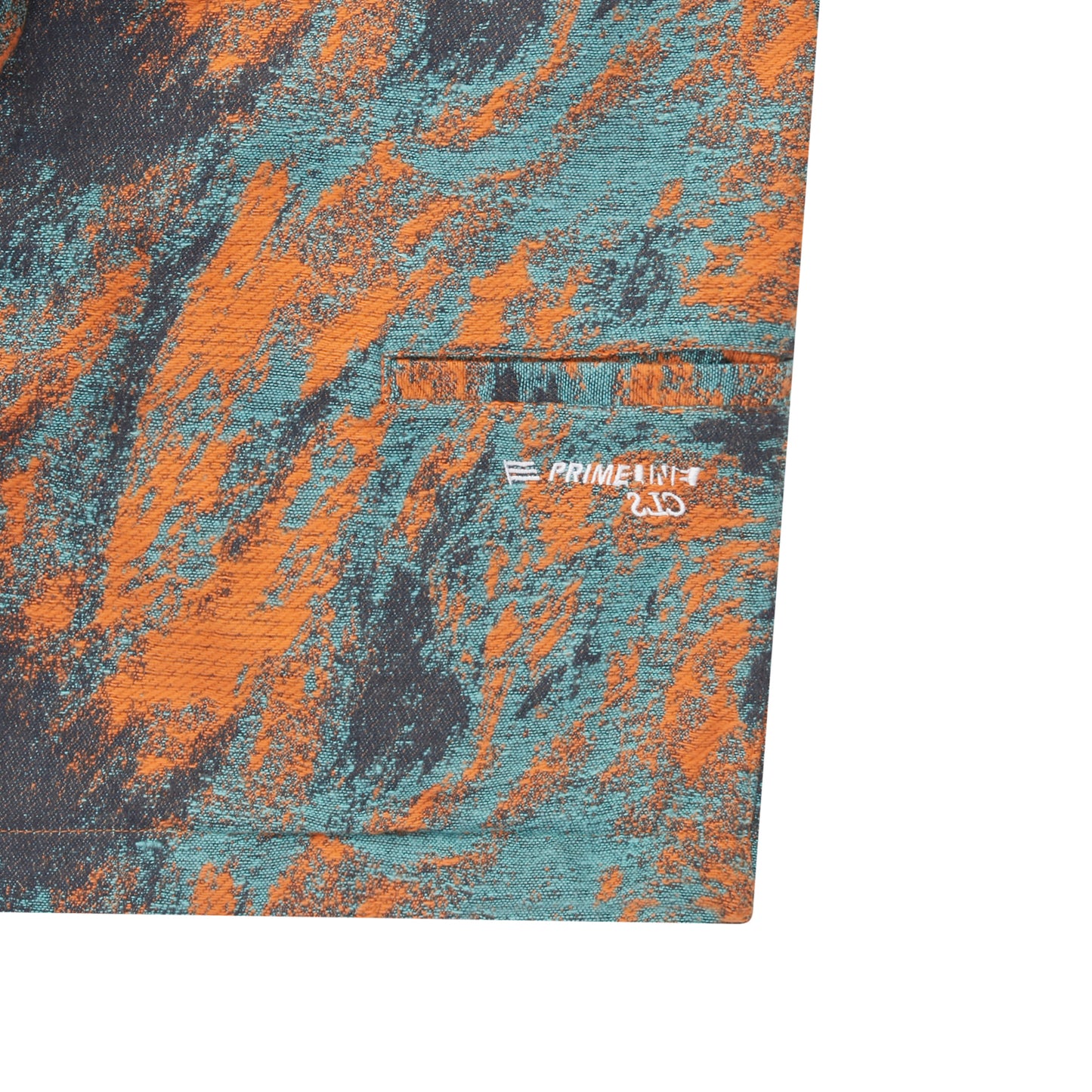 Bermuda azul e laranja com cós e costura interna, etiqueta Primeline na lateral.