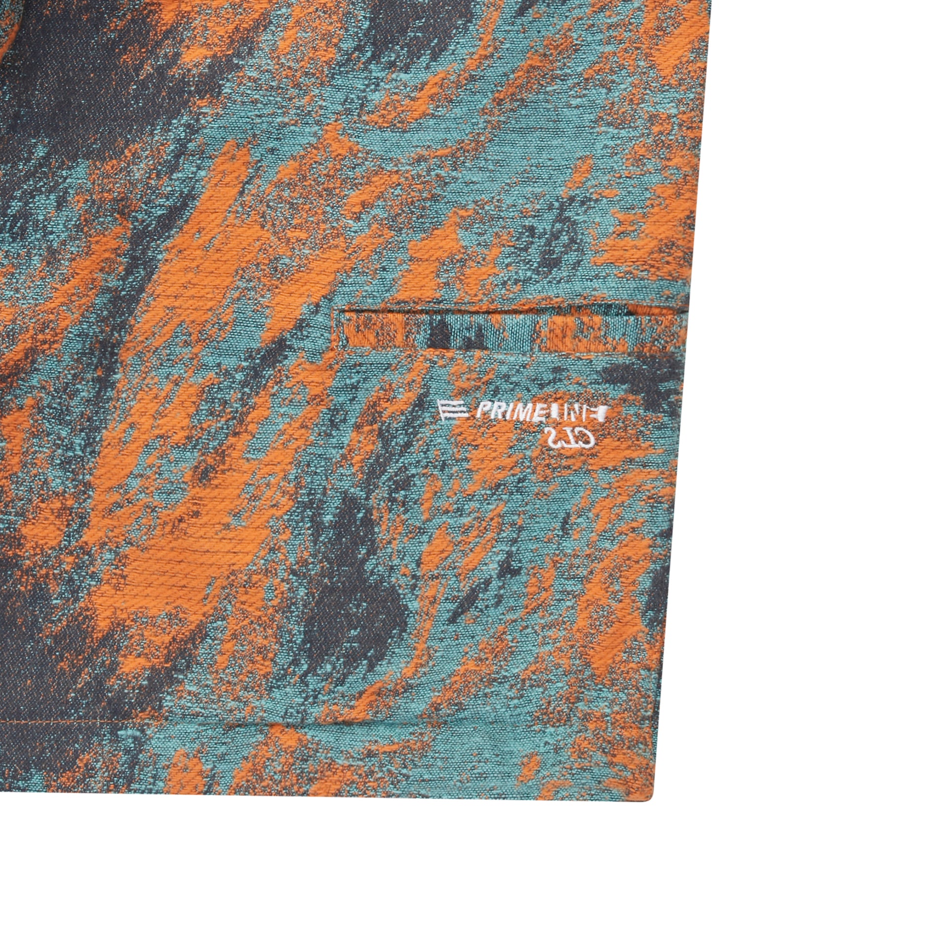 Bermuda azul e laranja com cós e costura interna, etiqueta Primeline na lateral.
