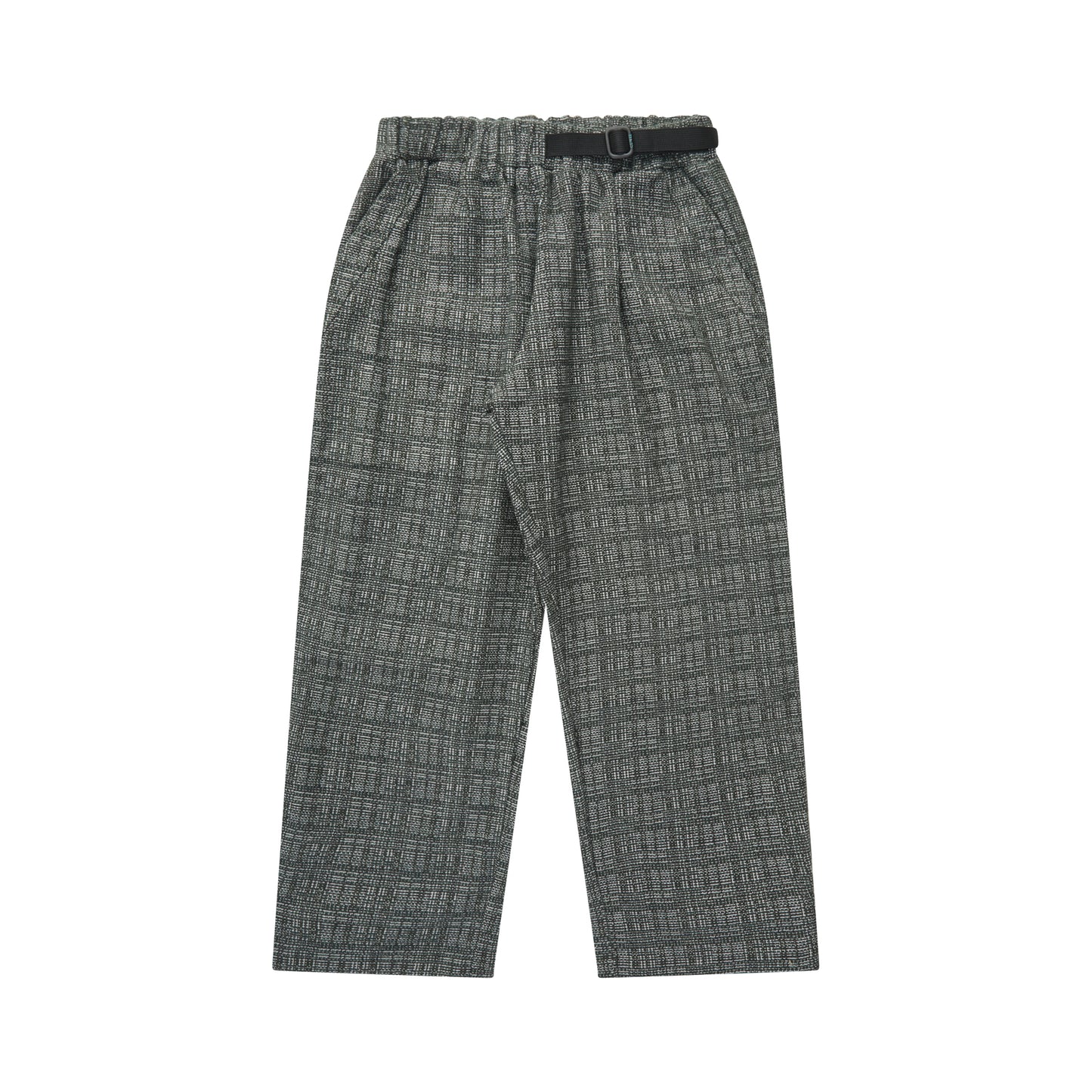 Calça de trabalho xadrez cinza com cós elástico e barra reta