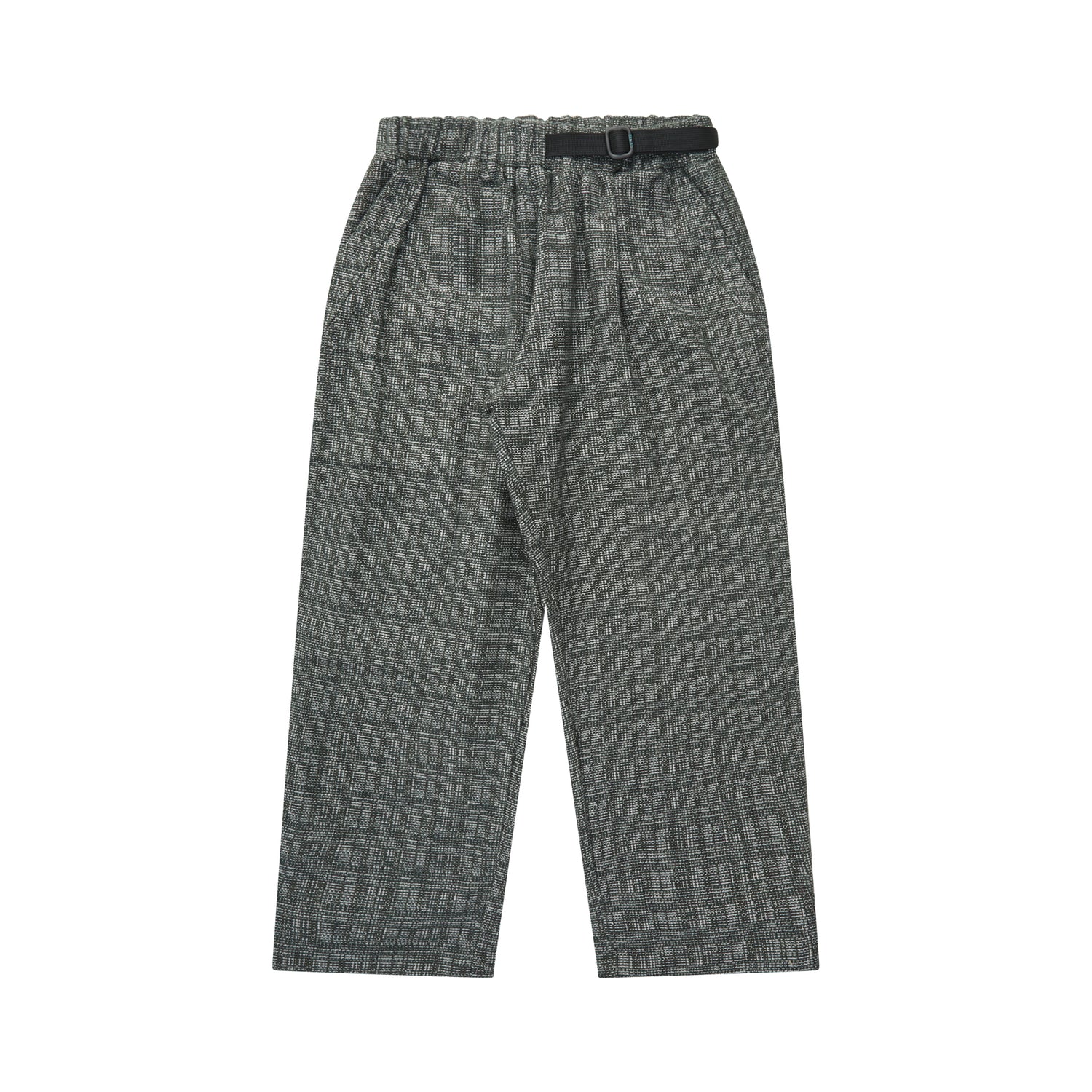 Calça de trabalho xadrez cinza com cós elástico e barra reta