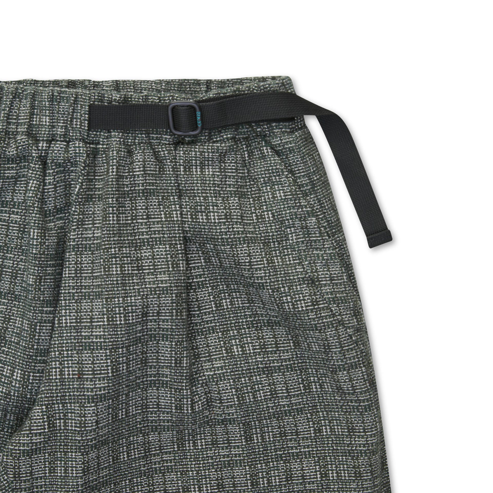 Calça xadrez cinza com cós elástico e fivela preta ajustável na cintura