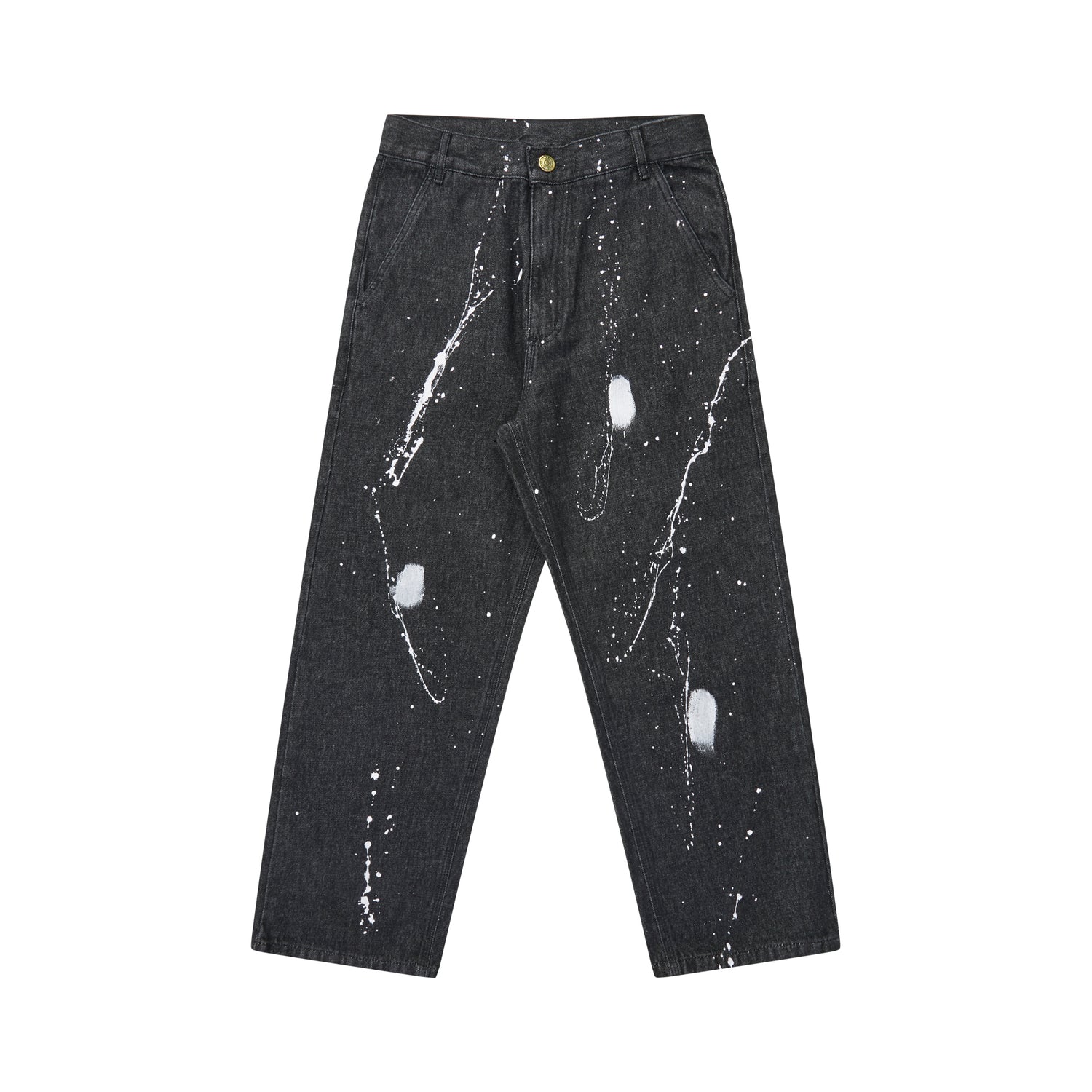 Jeans preto clássico com respingos brancos nas pernas, botão e cós.