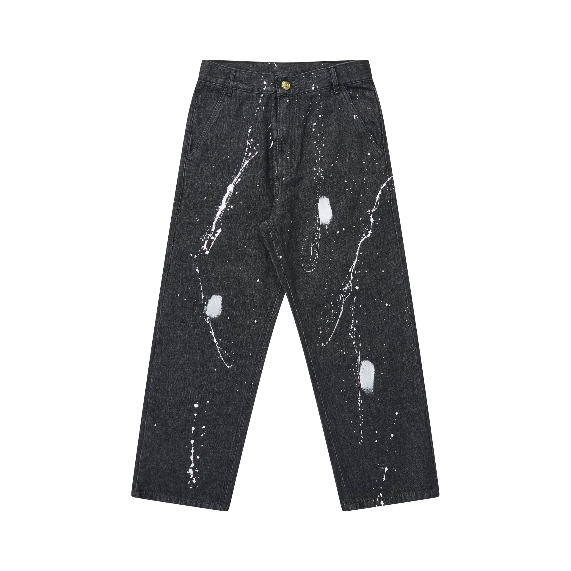 Jeans preto clássico com respingos brancos nas pernas, botão e cós.