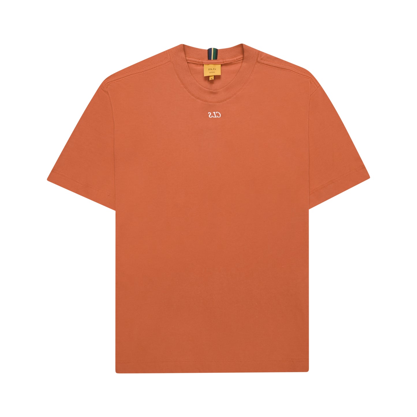 Camiseta laranja lisa, com gola canelada e etiqueta interna