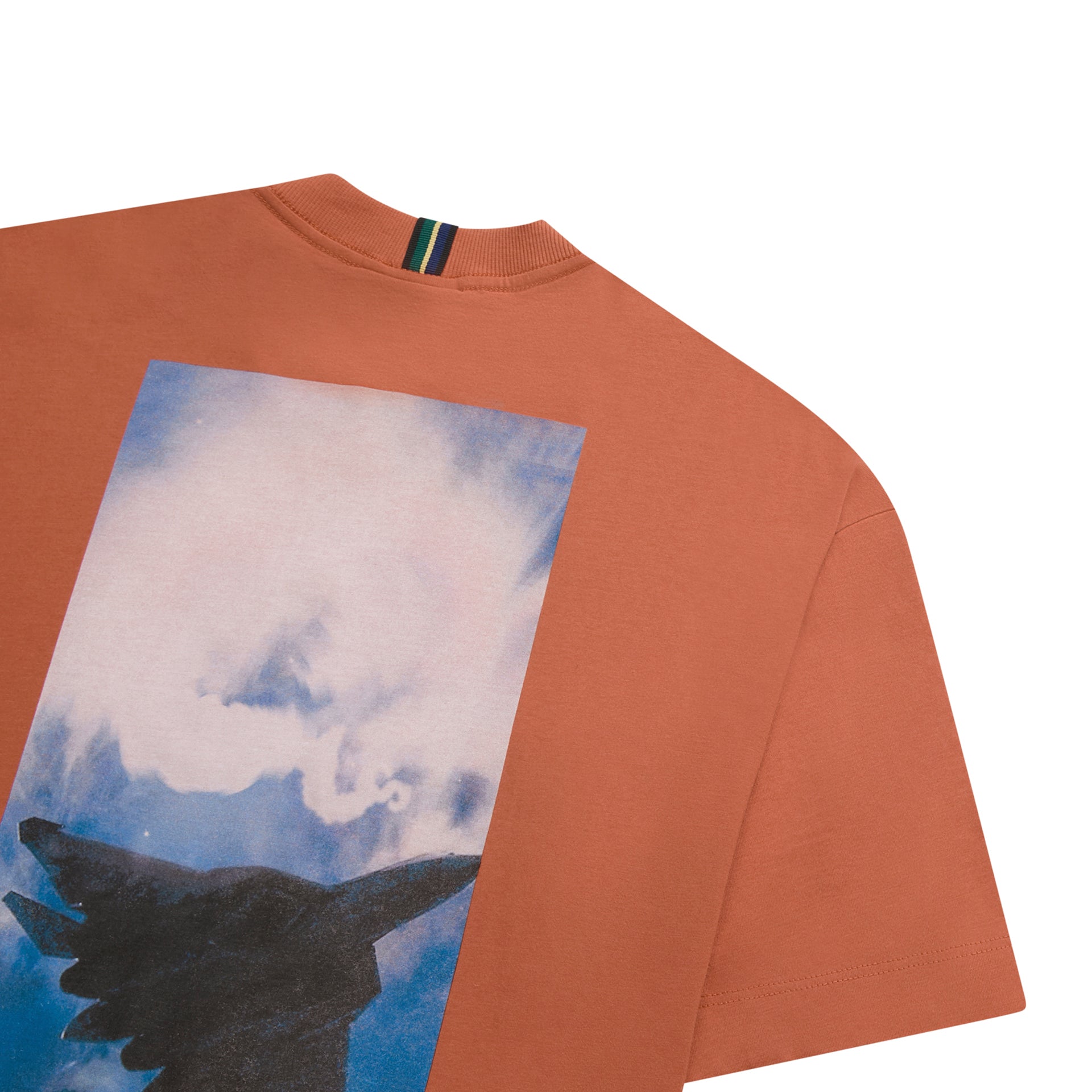 Camiseta laranja com estampa frontal recortada de avião e céu