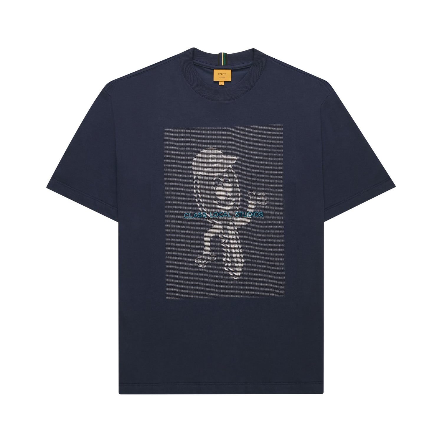 Camiseta azul-marinho com estampa quadrada de personagem em cinza e verde
