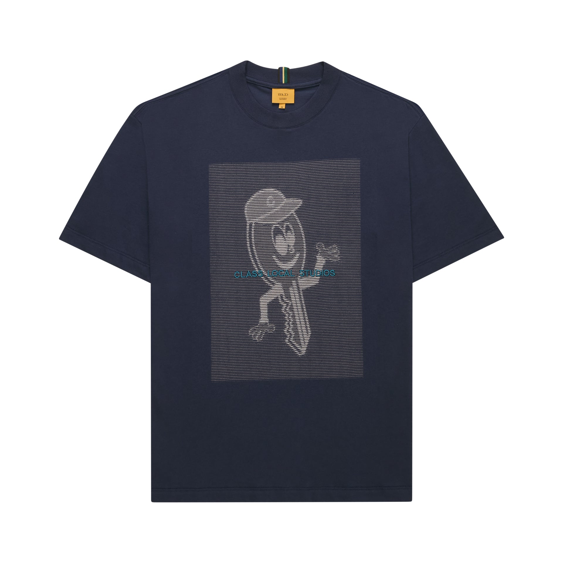 Camiseta azul-marinho com estampa quadrada de personagem em cinza e verde
