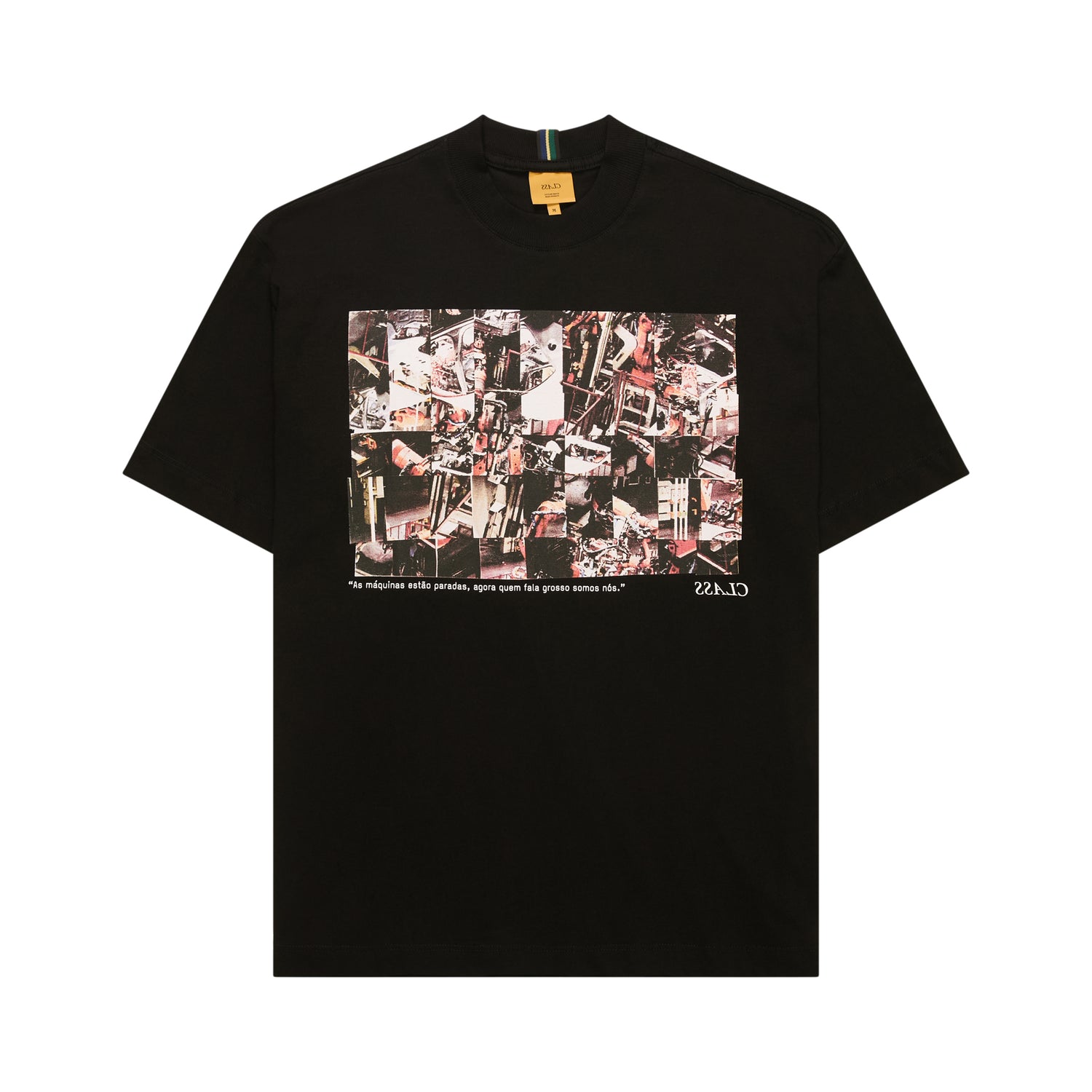 Camiseta preta com estampa retangular colorida frontal e etiqueta na gola