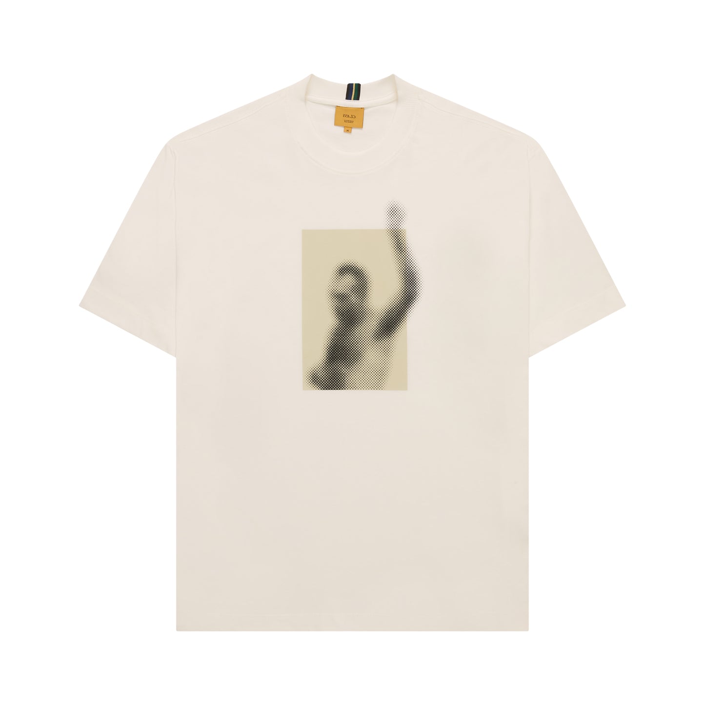Camiseta off-white com estampa retangular preta e gola careca
