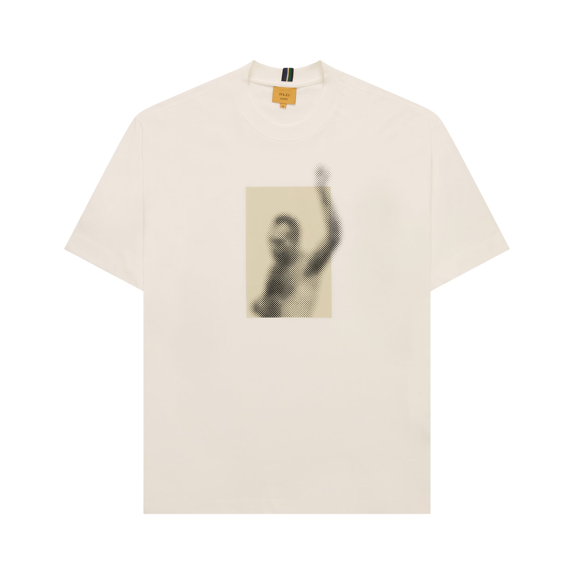 Camiseta off-white com estampa retangular preta e gola careca